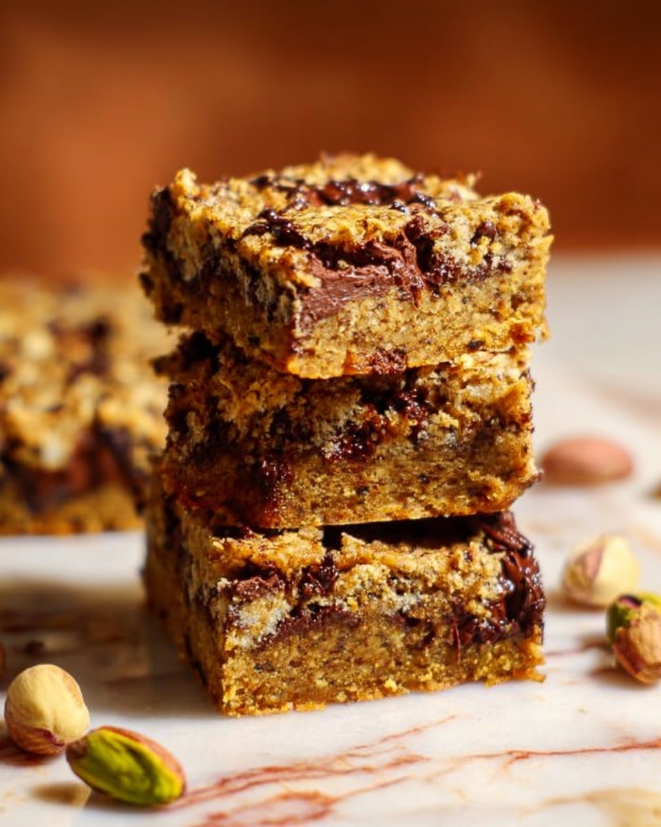 The image shows a stack of three thick, square bars with a crumbly, golden-brown texture. The bars have visible chunks of melted dark chocolate spread unevenly through them, creating a contrast in color and texture. Around the base of the stack, there are some scattered nuts with light brown and green tinted shells, resting on a white marbled surface. The background is softly blurred and warm-toned. The bars appear dense but moist with a slightly rough surface. photo taken with an iphone --ar 4:5 --v 7
