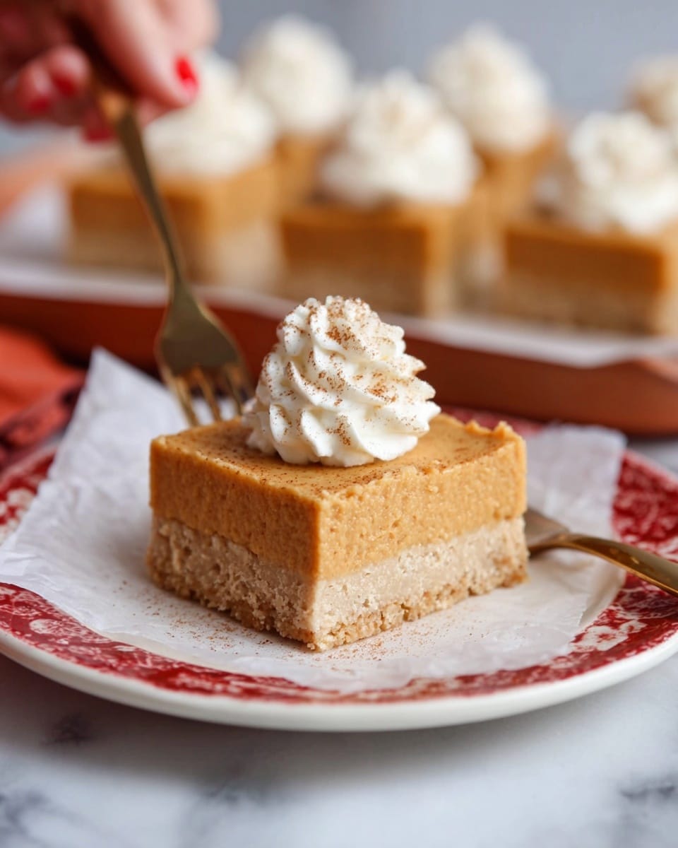 The image shows a square slice of a two-layer dessert on a white plate with a red floral rim, placed on white parchment paper over a white marbled surface. The bottom layer is light beige, crumbly, and looks like a nutty crust, while the top layer is a thick, smooth, light orange filling. On top of the dessert is a small, decorative swirl of white whipped cream with a light dusting of brown spice. In the background, there are more slices of the same dessert, each topped with whipped cream. A brass fork rests on the plate near the dessert, and a woman's hand holds a utensil above the plate. Photo taken with an iphone --ar 4:5 --v 7
