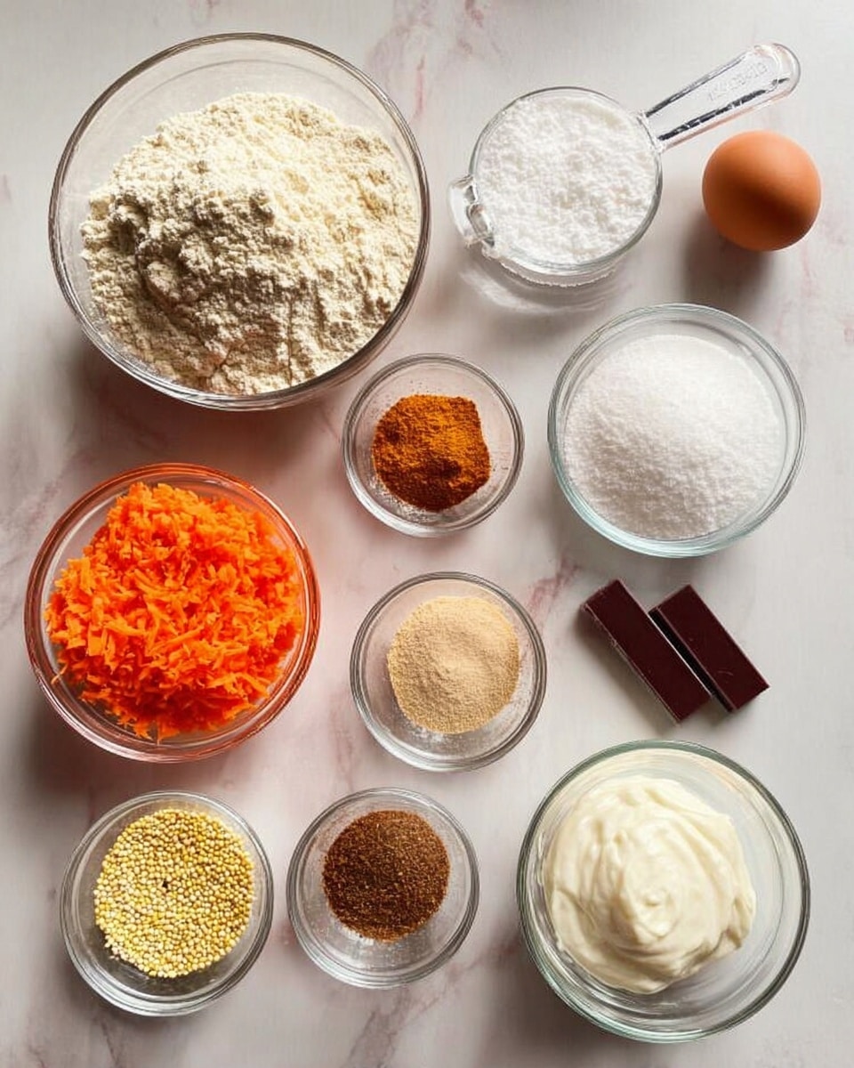 The image shows nine clear glass bowls and measuring cups arranged on a white marbled surface. One bowl contains a heap of light beige flour, placed at the top center. To the right is a bowl filled with white granulated sugar, slightly smaller. Below them, on the left side, is a measuring cup packed with bright orange grated carrots. Next to it is a small bowl of light brown sugar, and to the right is a bowl of thick white cream. At the bottom left, a measuring cup holds small yellowish seeds or grains. Next to it is a small bowl with white powder, brown cinnamon, and mustard-like seasoning side by side. A single white egg sits nearby, with a small rectangular piece of dark chocolate and a glass measuring cup of clear water also visible. Photo taken with an iphone --ar 4:5 --v 7