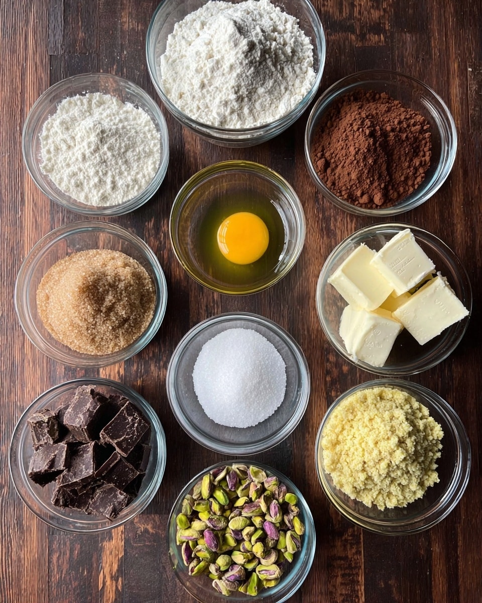 The image shows nine small clear glass bowls arranged on a dark wooden surface, each containing different baking ingredients. In the top center is a bowl full of white flour with a powdery texture. To its right is a bowl of brown cocoa powder, also powdery but darker. Below the cocoa, there is a bowl with white butter, cut into solid blocks. Centered below the flour is a bowl holding one raw yellow egg yolk surrounded by clear egg white. To the left of the egg bowl is one filled with light brown soft brown sugar with a crumbly texture. Next to the sugar bowl, towards the bottom left, is a bowl with irregular pieces of dark chocolate chunks. Towards the bottom center is a bowl of small green and purple pistachio nuts, mixed whole. Below the pistachios, on the bottom right, is a bowl with finely crushed golden nuts. Below the sugar and chocolate bowls, toward the bottom left corner, is a smaller bowl that holds white salt crystals. The background is changed to a white marbled texture. The photo taken with an iphone --ar 4:5 --v 7