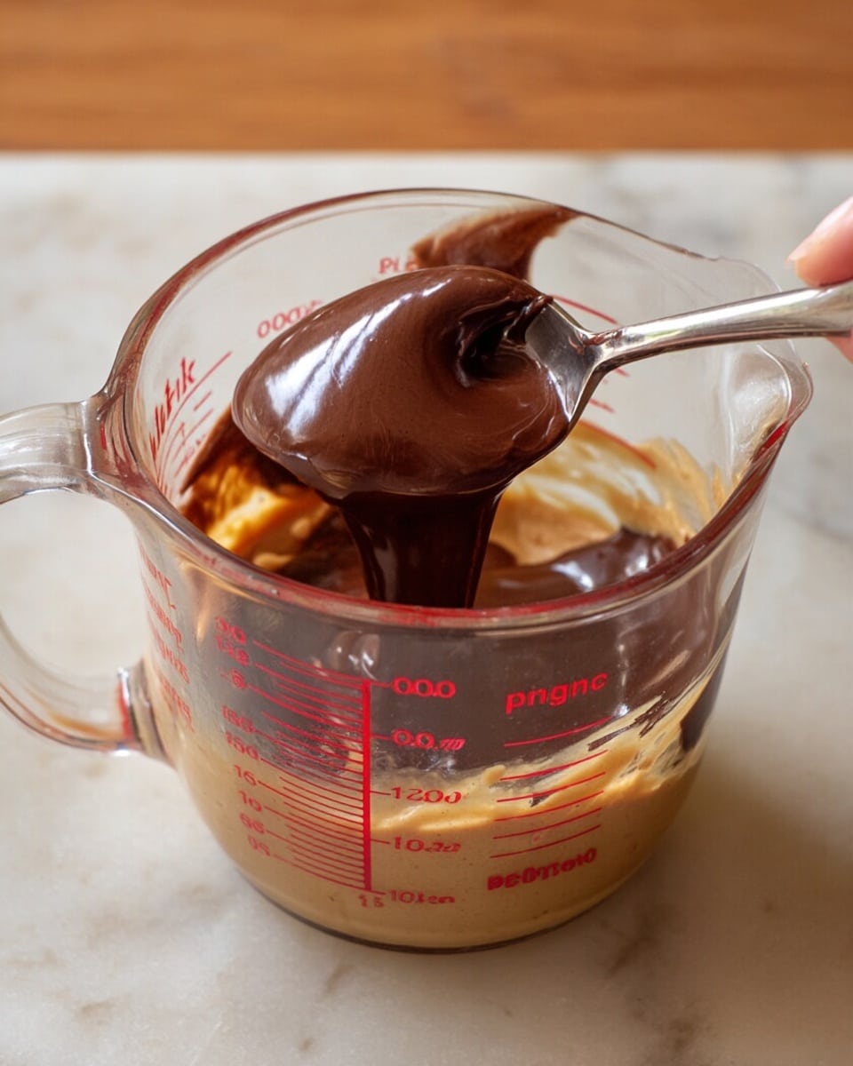 The image shows a clear glass measuring cup with red measurement marks, filled with a mix of light tan peanut butter at the bottom and thick, dark brown chocolate on top. A metal spoon is inside the cup, scooping through the layers, blending the creamy textures. The measuring cup is placed on a white marbled surface with a woman's hand holding the handle of the spoon. The peanut butter layer appears smooth and slightly shiny, while the chocolate layer on top looks thick and glossy, creating a visually rich contrast photo taken with an iphone --ar 4:5 --v 7