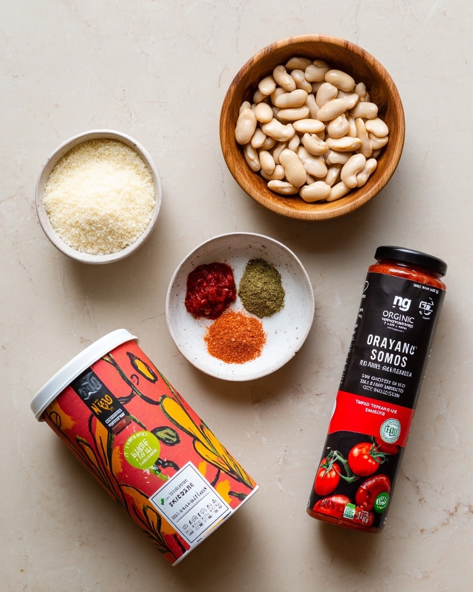 The image shows five ingredients arranged neatly on a white marbled surface: a white container of grated parmesan cheese with a colorful leaf design on the label, a small wooden bowl holding three piles of spices in red, green, and pale yellow, a white bowl filled with large light beige beans, a black jar of organic sundried tomatoes with a bright label featuring red tomatoes and green leaves, and a squeezed black and red tube of tomato paste with images of tomatoes on it. photo taken with an iphone --ar 4:5 --v 7