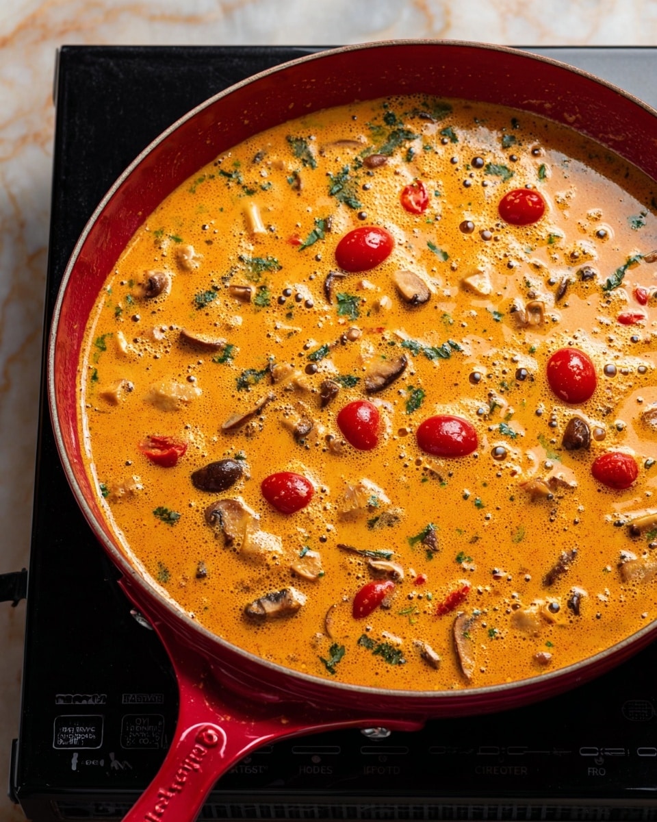 A close-up view of a red skillet filled with a creamy orange curry sauce that has bubbles on the surface. The curry contains small red cherry tomatoes, pieces of brown mushrooms, and scattered green herbs throughout. The skillet is placed on a black induction cooktop, which sits on a white marbled surface. The rich texture of the curry contrasts with the smooth pan and cooktop photo taken with an iphone --ar 4:5 --v 7