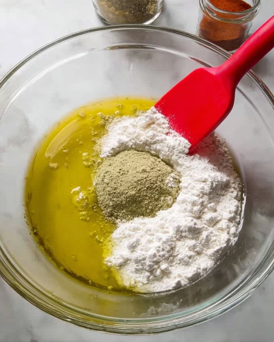 A clear glass bowl holds a mix of ingredients including a pool of yellow oil on the left side and two piles of white powder which look like flour piled on top of each other near the center and right side. There is also a small mound of greenish powder placed over the white powders. A bright red spatula leans inside the bowl on the right, its tip touching the ingredients. The bowl is set on a white marbled surface with some containers of spices visible out of focus in the background. photo taken with an iphone --ar 4:5 --v 7