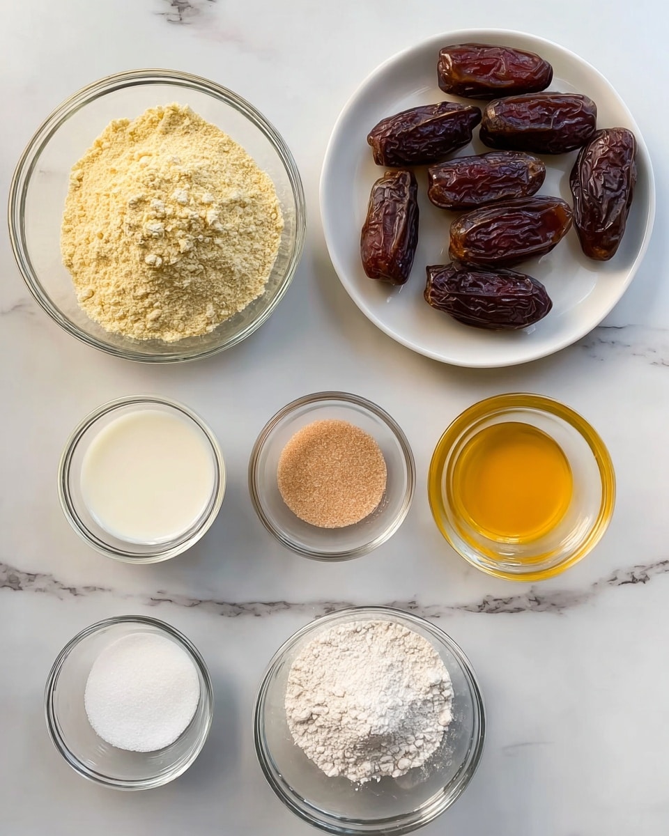 The image shows six small clear glass bowls and one white plate arranged on a white marbled surface. The white plate on the top right holds about a dozen dark brown dates with a smooth, slightly wrinkled texture. To the left of the plate, a clear bowl contains a yellowish, crumbly flour mix with some white flour on top. On the bottom row from left to right, there are five small glass bowls: the first has a small amount of milk, creamy white and smooth; the second holds a light tan granulated substance, sugar; the third contains a bright golden yellow liquid with a shiny surface, honey or oil; the fourth is empty, shiny, and reflective; the last has white powder, likely baking powder or flour. Everything is neatly placed on the white marbled background. photo taken with an iphone --ar 4:5 --v 7