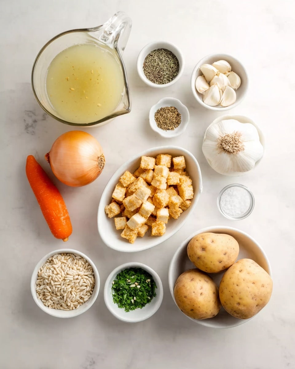A white marble surface holds various cooking ingredients arranged neatly. At the top left, there is a clear glass pitcher filled with light yellow broth. Next to it, three small white bowls contain different spices: black pepper, a green herb, and a mixed spice. To the right, a white bowl holds peeled garlic cloves, with three whole garlic bulbs close by. Below that, a white bowl holds golden brown cubes of fried tofu. At the center, a white oval bowl is filled with light brown sunflower seeds. Below this are two small white bowls: one with chopped green herbs and the other with finely grated white cheese. To the right, a white bowl contains three whole light brown potatoes. On the left side of the frame, a whole orange carrot and a light brown onion rest on the marble surface. A small clear glass holds some salt near the potatoes. The overall look is calm and clean with fresh ingredients ready to be used photo taken with an iphone --ar 4:5 --v 7