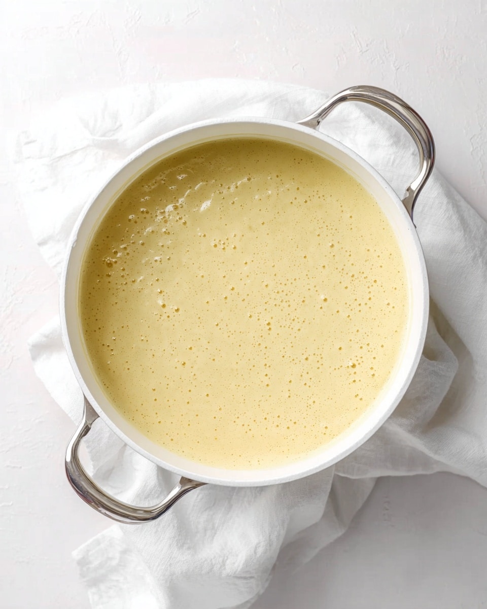 A white pot filled with smooth, pale yellow batter that has small bubbles on its surface, showing a slightly thick texture. The pot has shiny silver handles, one on each side, and is placed on a white marbled surface. A soft white cloth is folded beside the pot. The lighting is bright and soft, highlighting the batter’s creamy appearance and the clean, minimal setup. photo taken with an iphone --ar 4:5 --v 7