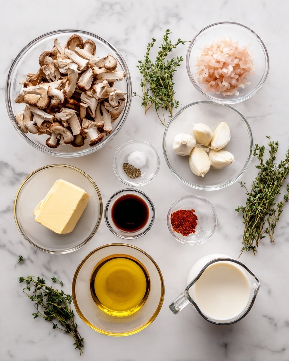 The image shows several small clear glass bowls arranged neatly on a white marbled surface. Starting from the left, there is a bowl full of sliced brown mushrooms with a light tan color and rough texture. Next is a small bowl with finely sliced shallots, light pink and translucent. Below that is a cube of light yellow butter in a small bowl. To the right of the mushrooms and shallots are two small bowls with different contents: one has three peeled garlic cloves, white and smooth, and the other has a dark brown liquid, likely soy sauce. Nearby is a small bowl with a mix of white salt and red spice powder. Below these is a small bowl filled with a golden yellow liquid, possibly olive oil. Between the bowls, there are sprigs of fresh green herbs, including thyme and parsley, adding color contrast. On the right side of the frame, there is a white glass measuring cup filled with golden broth and a small bowl of thick white cream or sour cream. The whole setup is clean and organized with a bright natural light. photo taken with an iphone --ar 4:5 --v 7
