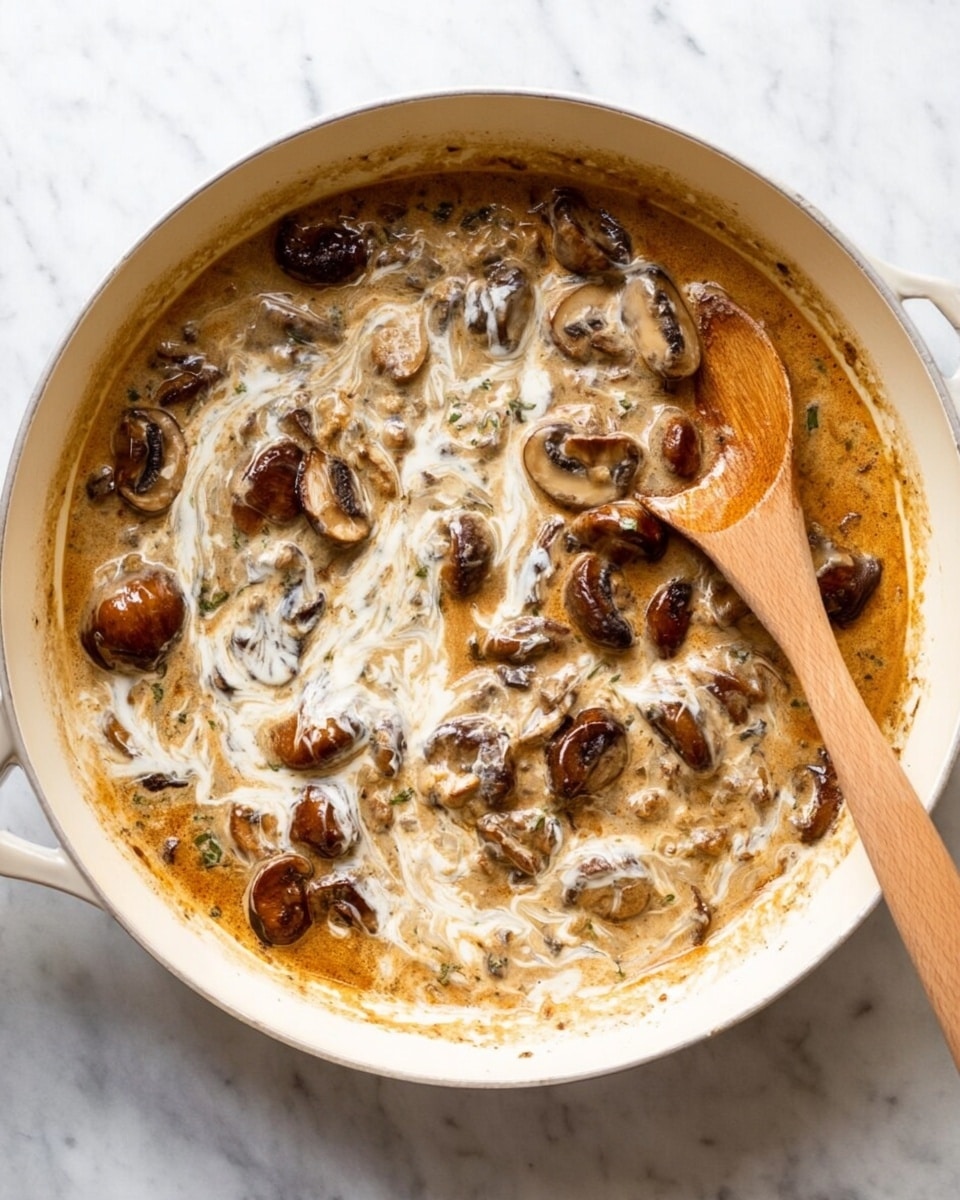 A round white pan filled with a creamy mushroom sauce that has a mix of golden brown and dark brown mushrooms spread throughout. The sauce has a rich light brown color, swirled with white cream creating a marbled effect on the top. The texture looks thick and smooth, with whole and sliced mushrooms clearly visible. A wooden spoon is partially submerged in the sauce on the right side of the pan. The pan is set on a white marbled surface. Photo taken with an iphone --ar 4:5 --v 7