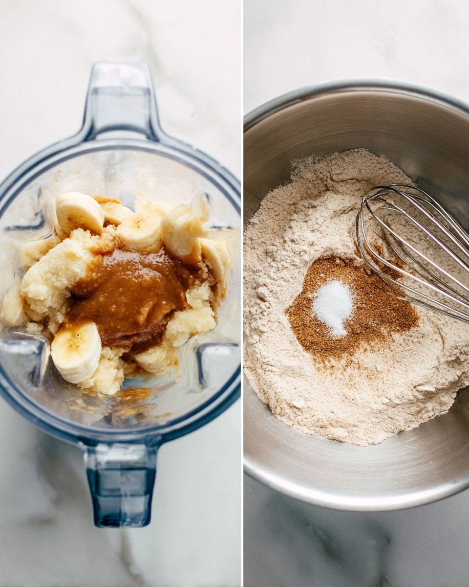The image shows two glass and metal containers on a white marbled surface. On the left is a clear blender jar with layers of ingredients: mashed banana pieces that are pale yellow and soft at the bottom, topped by smooth brown sugar and a darker liquid drizzle pooling on top. On the right is a stainless steel mixing bowl that holds a fluffy, pale beige flour mixture with a small heap of white powder, likely baking powder or flour, and a sprinkle of brown cinnamon in the center. A silver whisk rests diagonally inside the bowl. Photo taken with an iphone --ar 4:5 --v 7