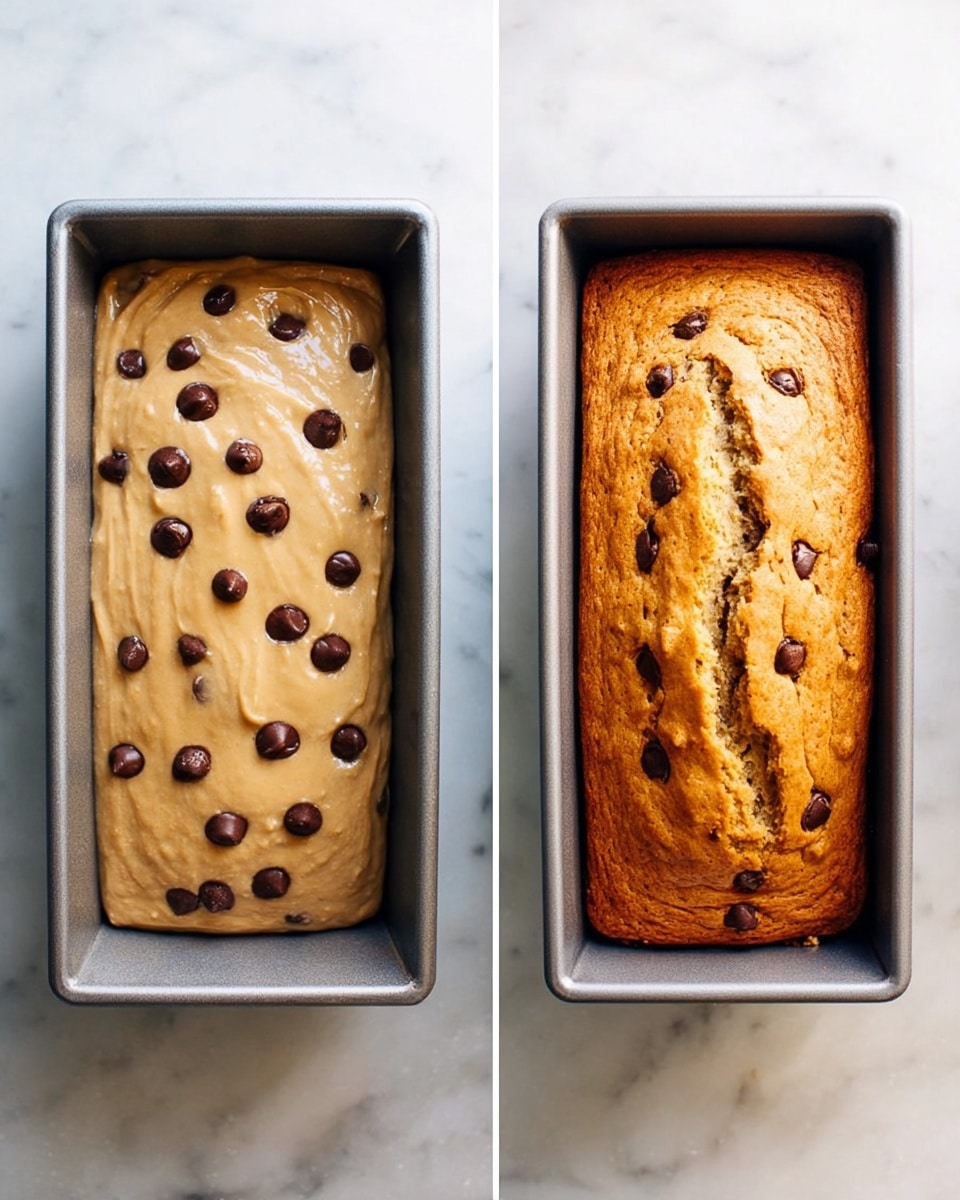 Two images side by side show a loaf pan on a white marbled surface with batter and baked bread. On the left, the pan holds light tan batter dotted with scattered dark brown chocolate pieces, smooth and slightly thick in texture, filling about three-quarters of the pan. On the right, the same pan holds a baked loaf with a golden brown crust, a crack running vertically down the middle, and chocolate pieces slightly melted and visible on the top. Photo taken with an iphone --ar 4:5 --v 7
