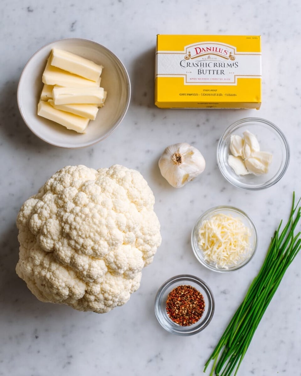A white marbled surface holds a group of ingredients arranged neatly: a large, whole cauliflower with a textured, creamy white surface sits at the center; above it, a yellow and white box labeled