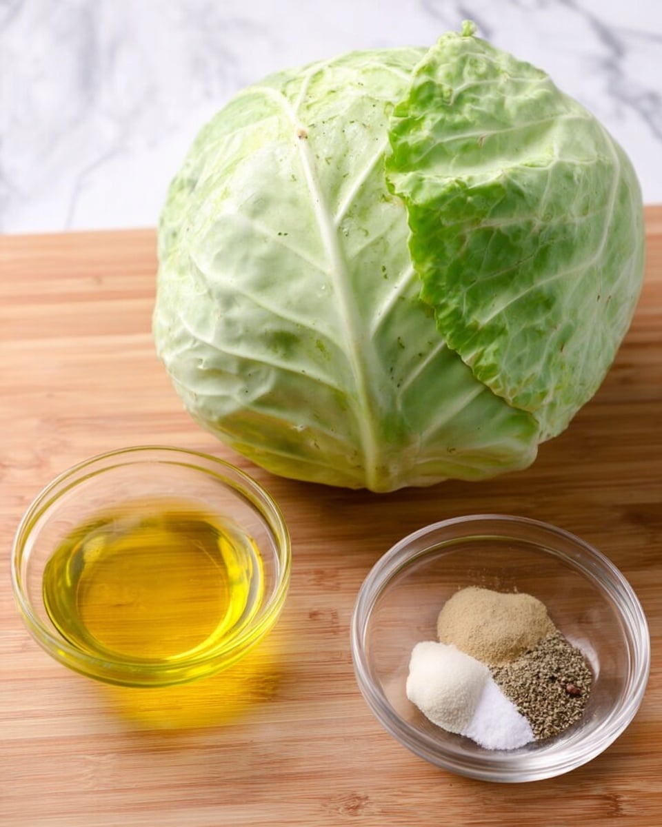 A whole light green cabbage with fresh outer leaves sits on a wooden surface, next to a clear glass bowl holding three small piles of spices in white, beige, and black colors, and beside it is a small clear glass container filled with light yellow oil. The scene is simple, featuring a top-down view with natural lighting on a white marbled texture background photo taken with an iphone --ar 4:5 --v 7