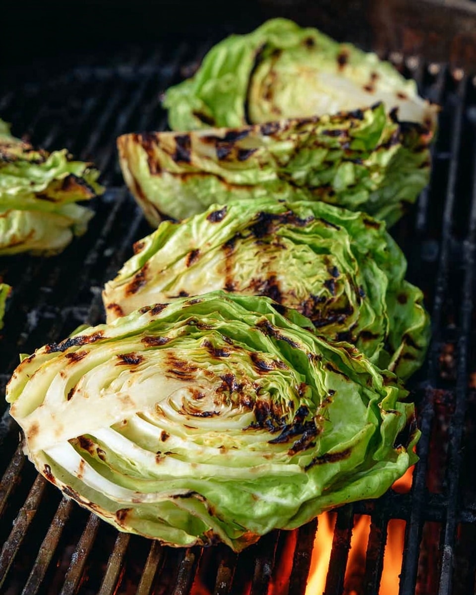 Several wedges of bright green cabbage with thick, layered leaves sit on a black grill with glowing orange flames beneath. Each cabbage wedge shows clear char marks, ranging from light brown to dark black, across the outer and inner leaves. The layers are thick and textured, with some parts curling slightly from the heat. There is a white marbled texture behind the grill in soft focus. photo taken with an iphone --ar 4:5 --v 7