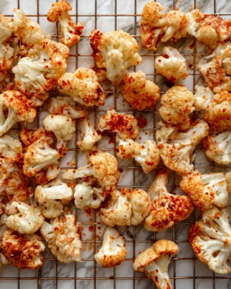 The image shows many small pieces of cauliflower spread out evenly on a wire rack over a white marbled surface. Each cauliflower piece is white with light brown spots and is sprinkled with red seasoning, giving a mix of white and reddish colors. The cauliflower pieces vary in shape but are roughly similar in size, and the wire rack’s metal grid is visible beneath them. The background is a clean, white marbled texture. photo taken with an iphone --ar 4:5 --v 7