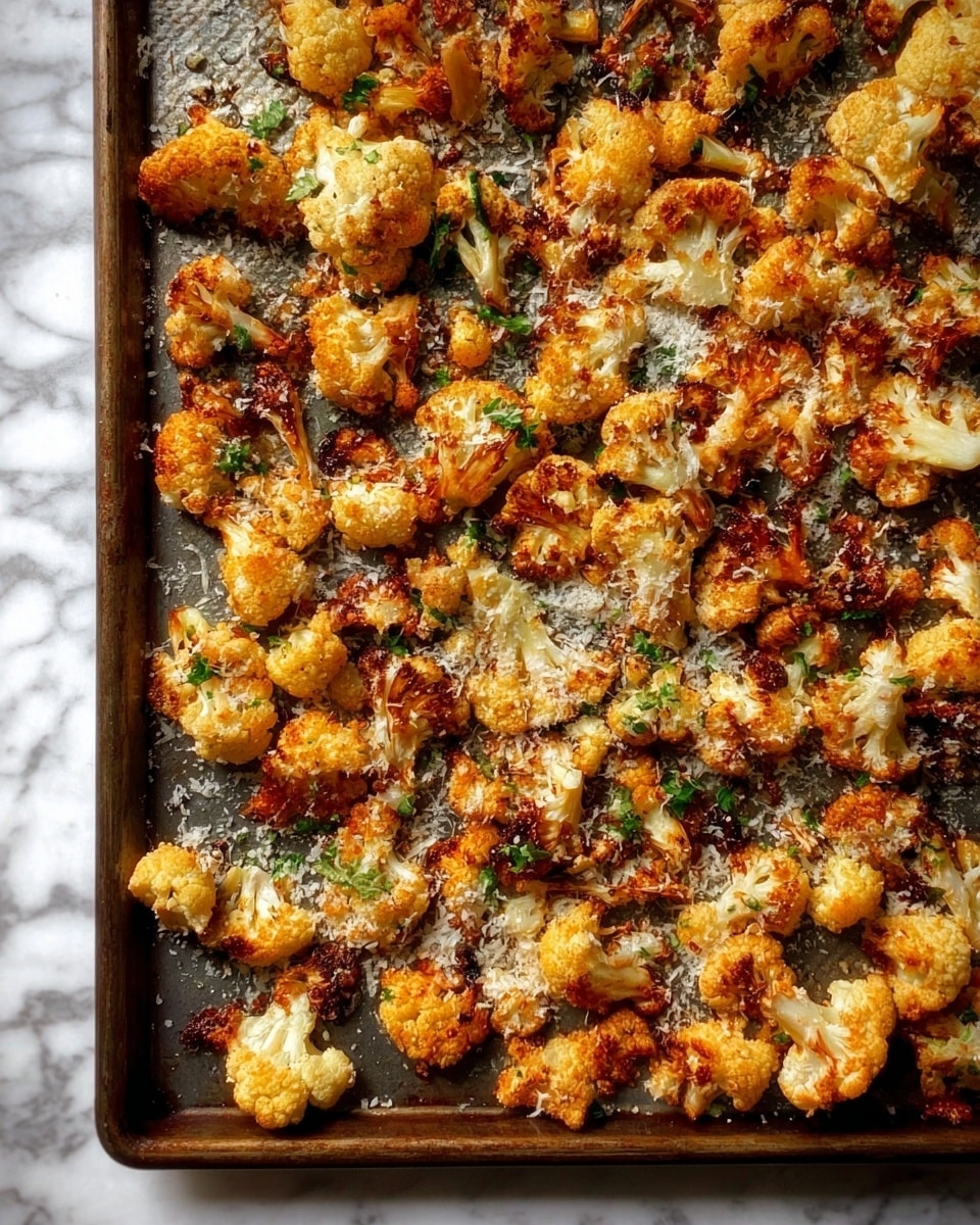 A single baking tray filled with small pieces of roasted cauliflower. The cauliflower florets are golden brown with some darker charred spots, covered in a light sprinkling of grated white cheese and fresh green herbs scattered unevenly on top. The tray sits on a white marbled surface, showing a warm and inviting texture. photo taken with an iphone --ar 4:5 --v 7