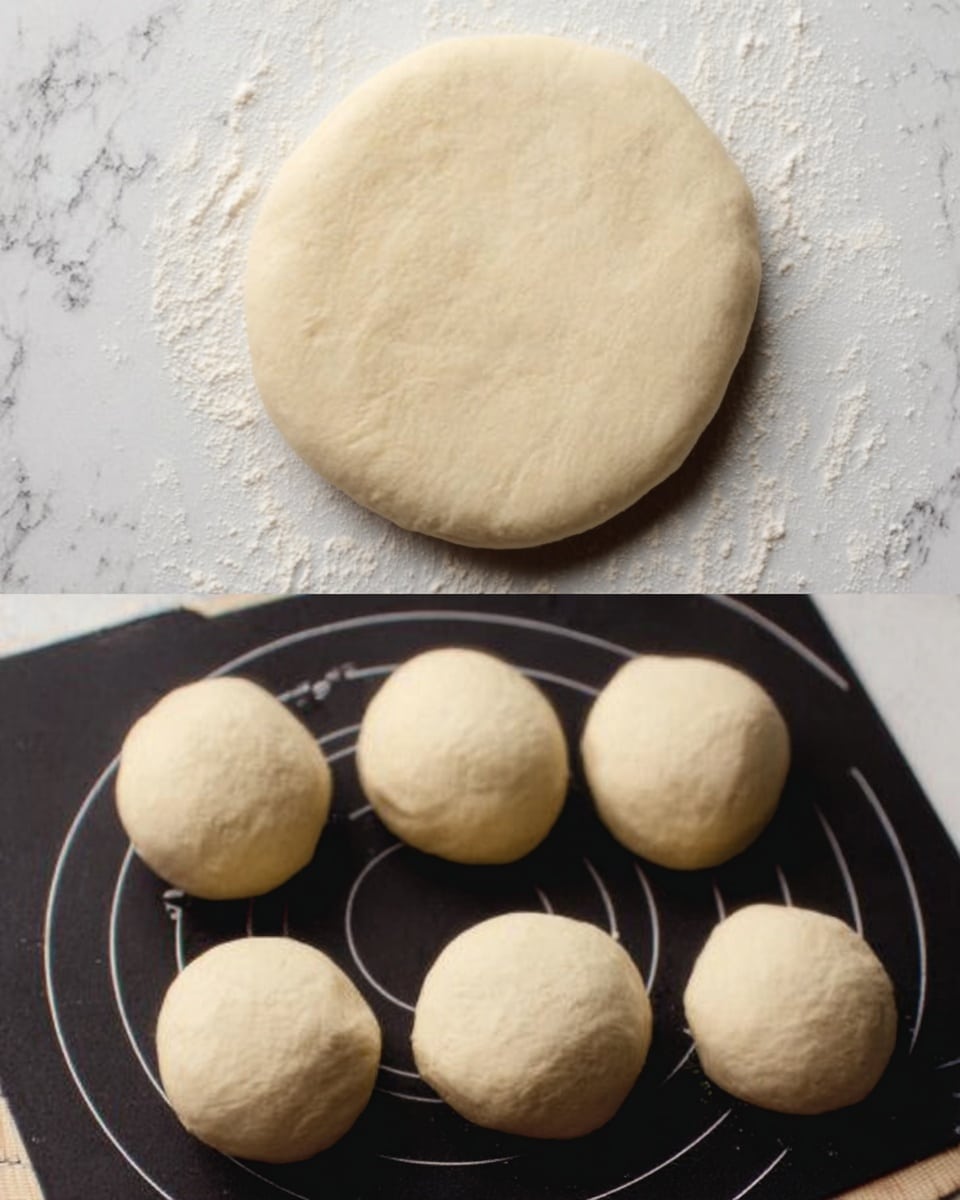 The image shows two parts: on the top, a single round flat dough piece with a smooth, pale beige surface resting on a white marbled textured background; on the bottom, six small round dough balls with a soft, slightly bumpy texture, arranged in two rows on a black mat with measuring circles visible underneath. The dough looks fresh and soft with slight shadows under each ball. Photo taken with an iphone --ar 4:5 --v 7
