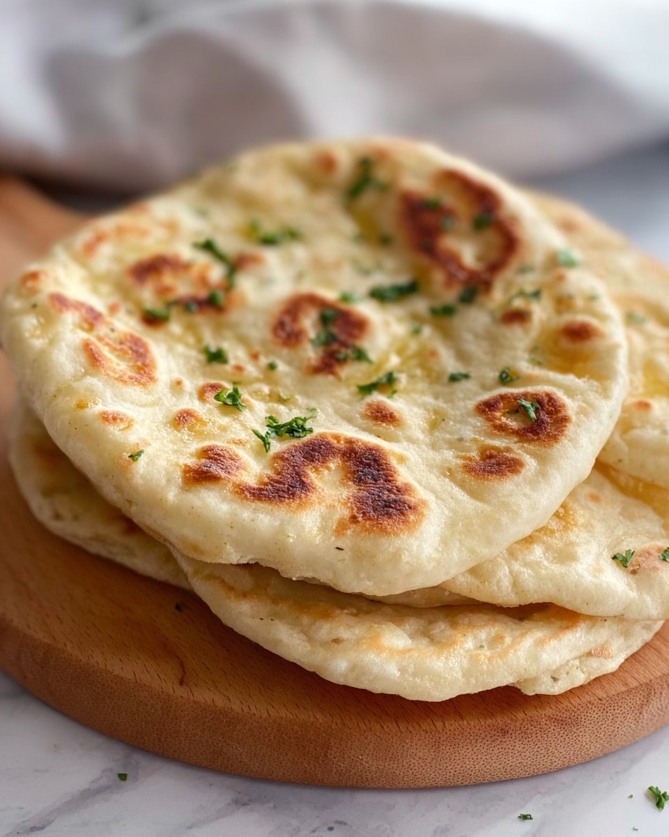 A close-up of a stack of three round flatbreads on a wooden board placed on a white marbled surface. The flatbreads have a light golden-brown toasted color with some darker golden spots and swirls of slightly bubbled and textured dough on the top. Tiny green parsley pieces are scattered across the top flatbread, adding a touch of color. The edges of the flatbreads are slightly uneven, showing a soft and chewy texture. Photo taken with an iphone --ar 4:5 --v 7