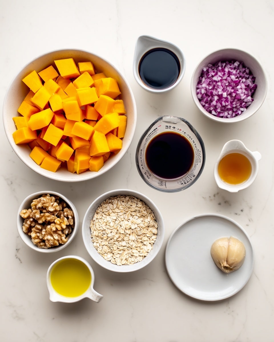 A top-down view of small white bowls and a white measuring cup arranged on a white marbled surface, containing bright orange cubed squash in a large bowl on the left, finely chopped purple onion in a small bowl above, a dark soy sauce in a small bowl center, a dark purple sauce in a measuring cup on the right, a bright yellow olive oil in a small bowl bottom left, a white measuring cup with light brown rolled oats just right of the oil, a small bowl of light brown walnuts below center, a small bowl with a light amber liquid to the right, a tiny white dish with beige mustard paste on the top right, and a tiny white plate with one garlic clove on the bottom right. photo taken with an iphone --ar 4:5 --v 7