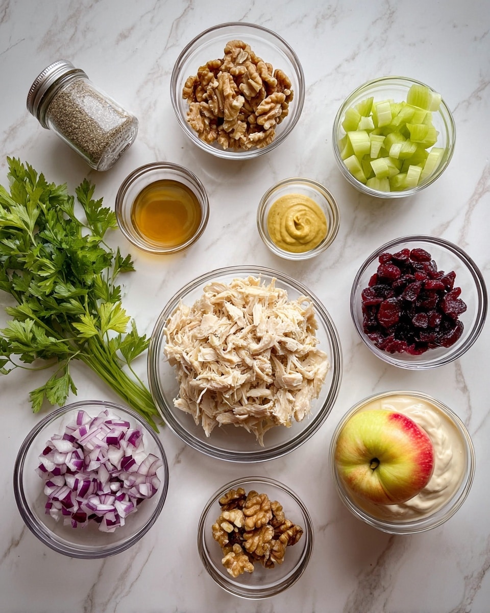 A top view of several clear glass bowls arranged on a white marbled surface, each containing different ingredients: the largest bowl in the center holds shredded light beige chicken; surrounding it clockwise are chopped purple onions, chopped walnuts, a glass jar of fine powder, chopped light green celery, a small glass bowl with a light brown liquid, whole red apple with yellow hues near the center, a small dish of smooth yellow mustard, dried dark red cranberries, a bowl of thick off-white creamy mixture, and fresh green parsley sprigs. All items are neatly placed with clear visibility of their textures and colors, photo taken with an iphone --ar 4:5 --v 7