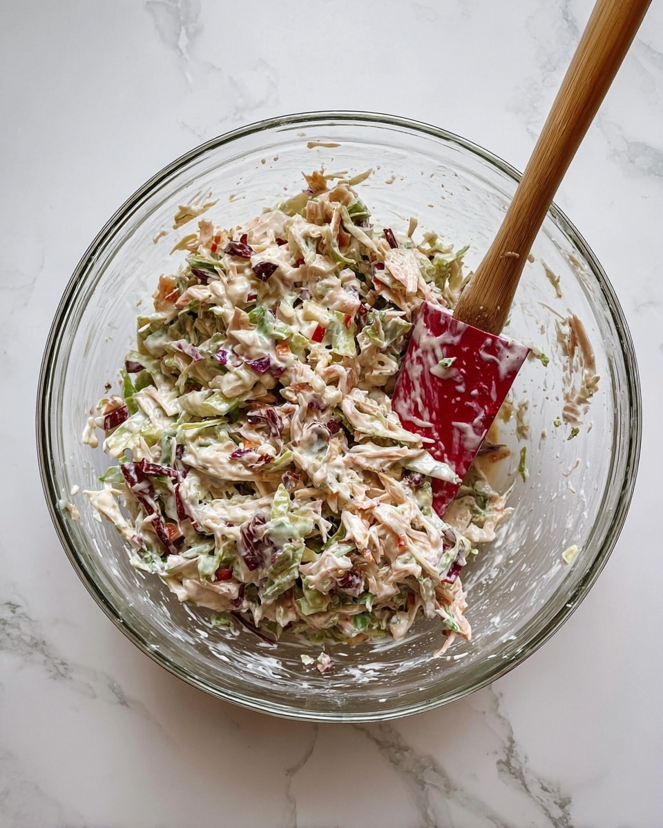 A clear glass bowl sits on a white marbled surface, filled with a mixed salad. The salad has shredded light beige pieces mixed with small chunks of red, green, and purple bits, all coated in a creamy dressing. A wooden-handled red spatula is partially buried on the right side of the bowl, showing some dressing on its surface. Photo taken with an iphone --ar 4:5 --v 7