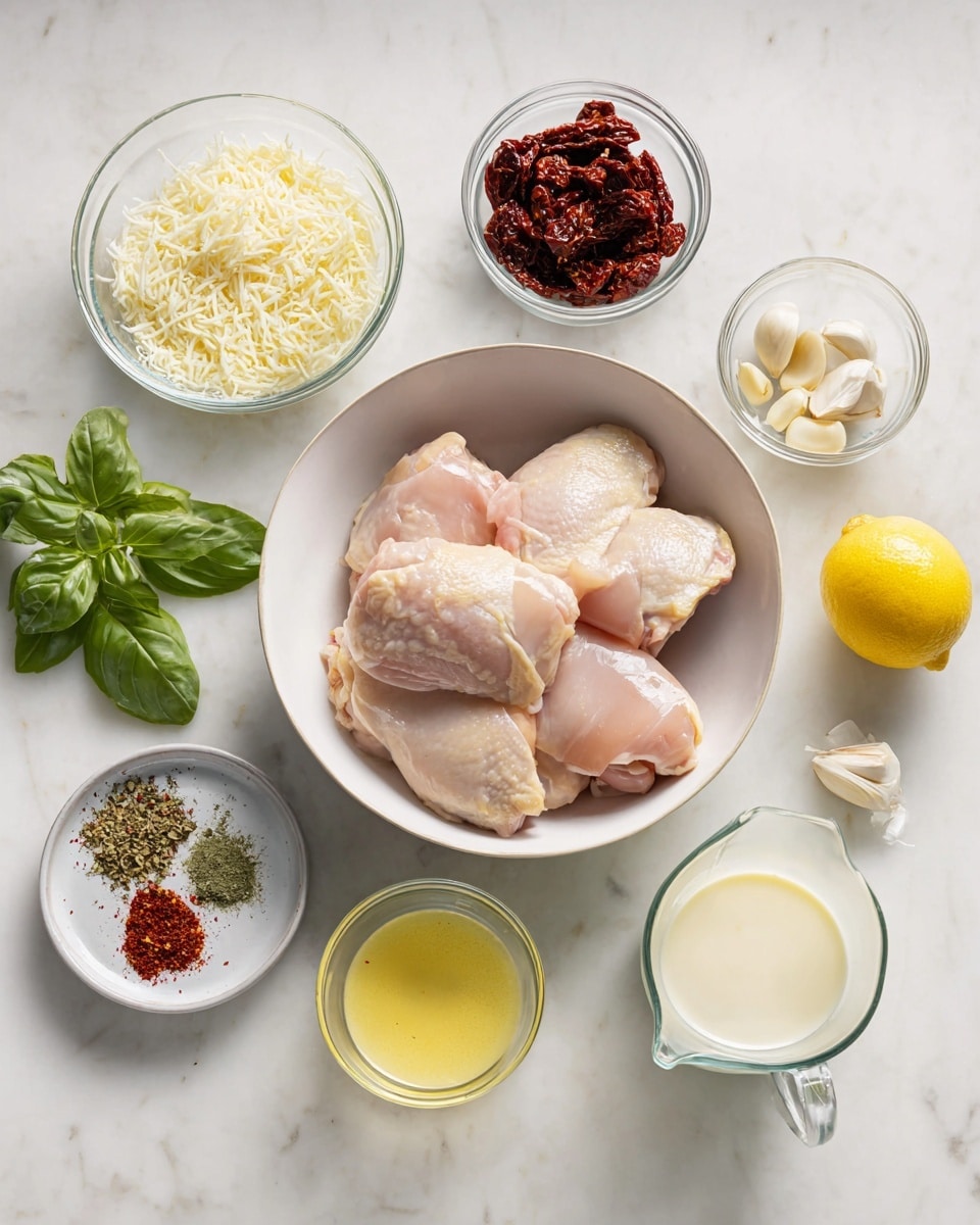 The image shows a white bowl in the middle with six pieces of raw pink chicken thighs with smooth texture stacked irregularly. Around the bowl, there are small dishes and items arranged neatly on a white marbled texture surface: a small white plate with three piles of dried spices in shades of green and red on the left side near the bowl, a clear glass bowl filled with finely shredded white cheese above the spice plate, and a clear bowl with dark reddish-brown sun-dried tomatoes at the top middle. Near the top right of the bowl, there is a small clear bowl with peeled white garlic cloves, a small white bowl with yellow melted butter beside it, and a small bunch of fresh green basil leaves. A bright yellow lemon is placed bottom left of the bowl, while a glass measuring cup with clear water is next to it. On the lower right is another glass measuring cup filled with creamy white liquid. Everything is arranged on a smooth white marble surface, photo taken with an iphone --ar 4:5 --v 7