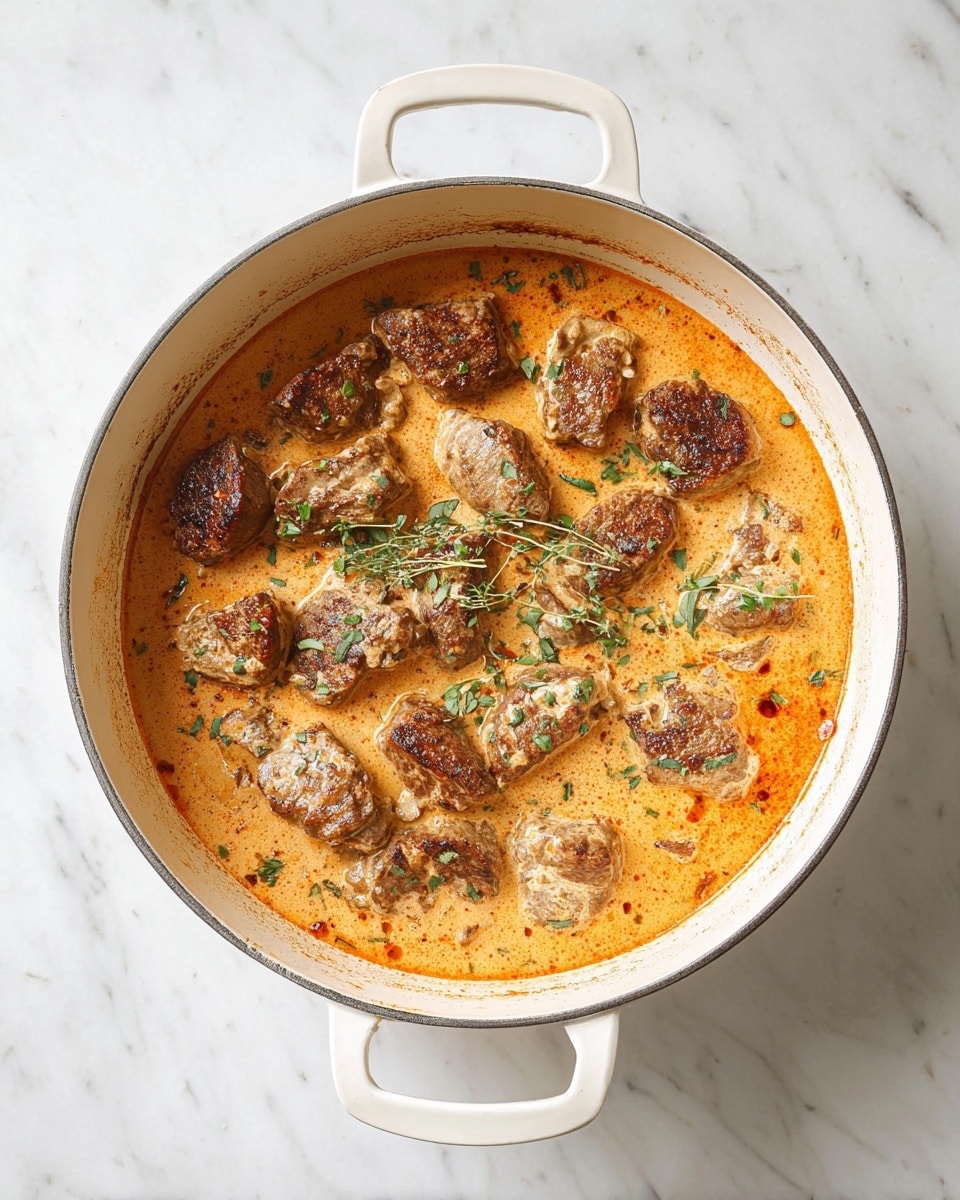 A white pot with two handles holds a creamy orange sauce base, topped with about a dozen pieces of browned meat arranged evenly inside. Small green herb pieces are scattered lightly over the meat and sauce, adding color contrast. The pot sits on a white marbled surface, and the photo is taken from directly above, showing the dish clearly. photo taken with an iphone --ar 4:5 --v 7