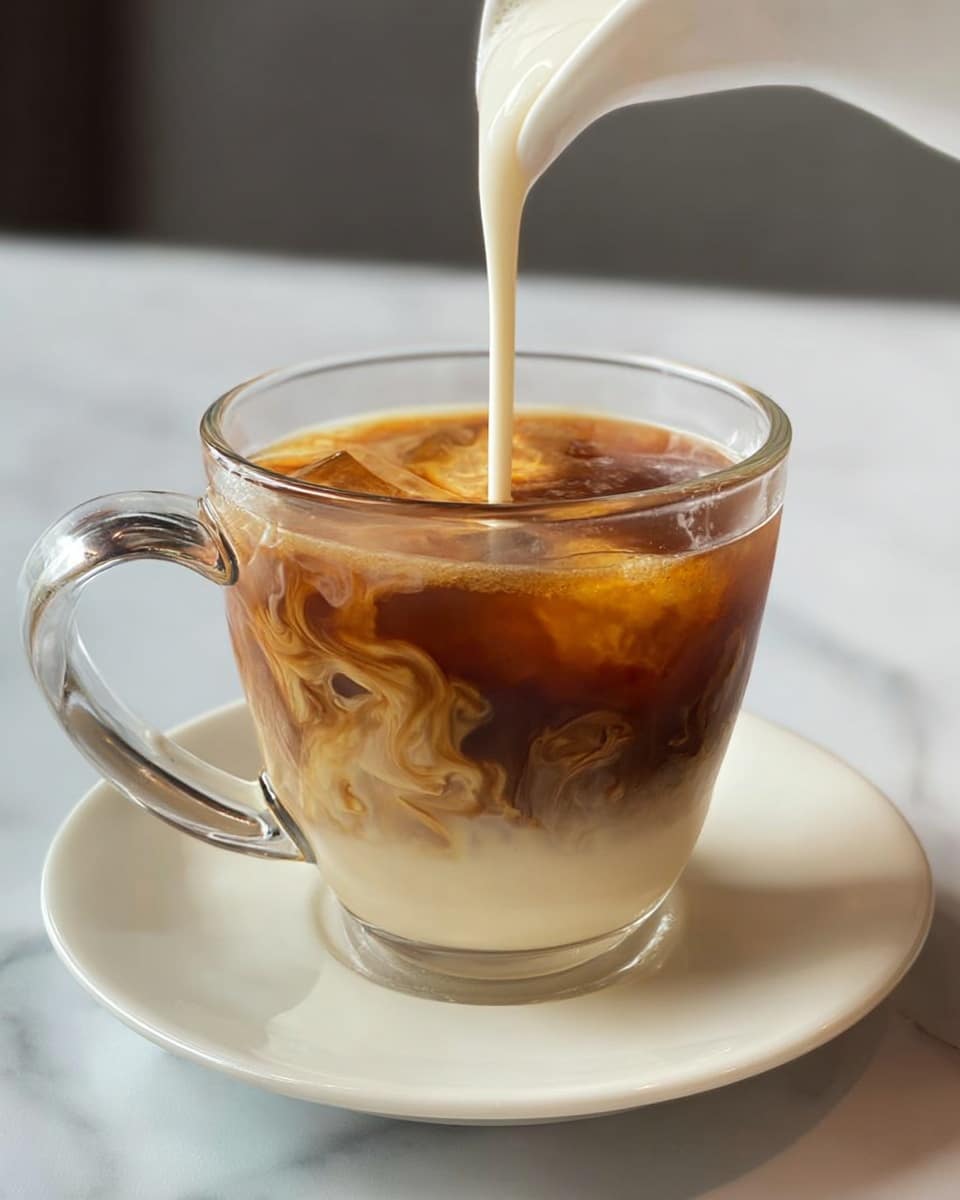 A clear glass cup with a handle contains three visible layers: the bottom layer is a creamy white liquid, above it is a swirling mix of light brown and cream colors blending together, and the top layer is a darker brown liquid. A white cream is being poured into the cup from the upper left, creating soft swirls inside. The cup is placed on a white saucer, all set on a white marbled surface. photo taken with an iphone --ar 4:5 --v 7
