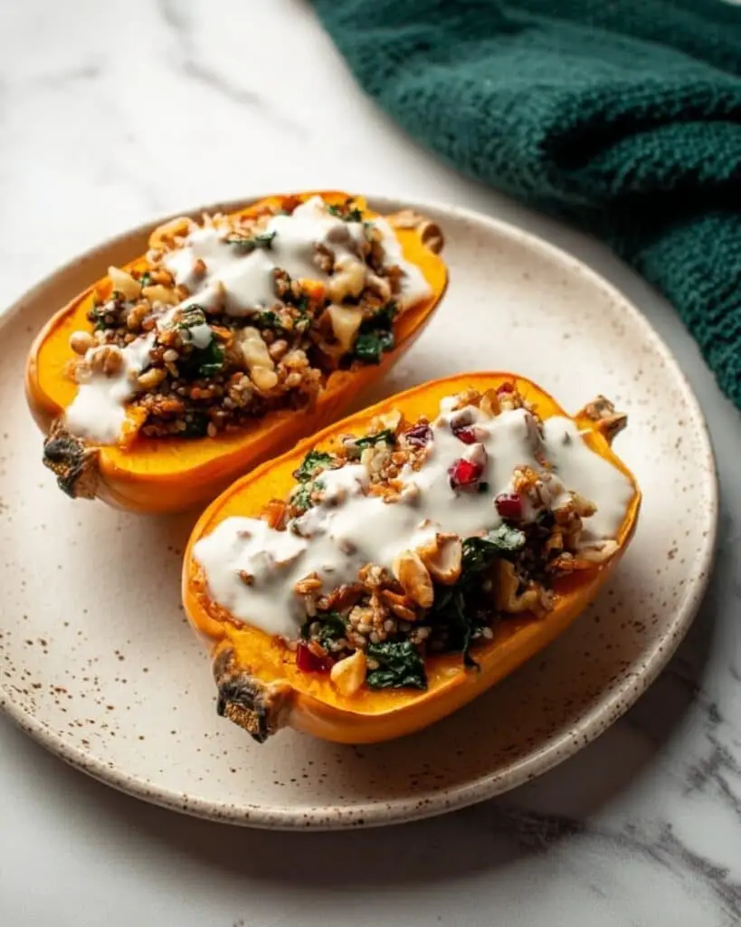 Stuffed Butternut Squash with Tempeh, Wild Rice, and Garlic Tahini Sauce Recipe