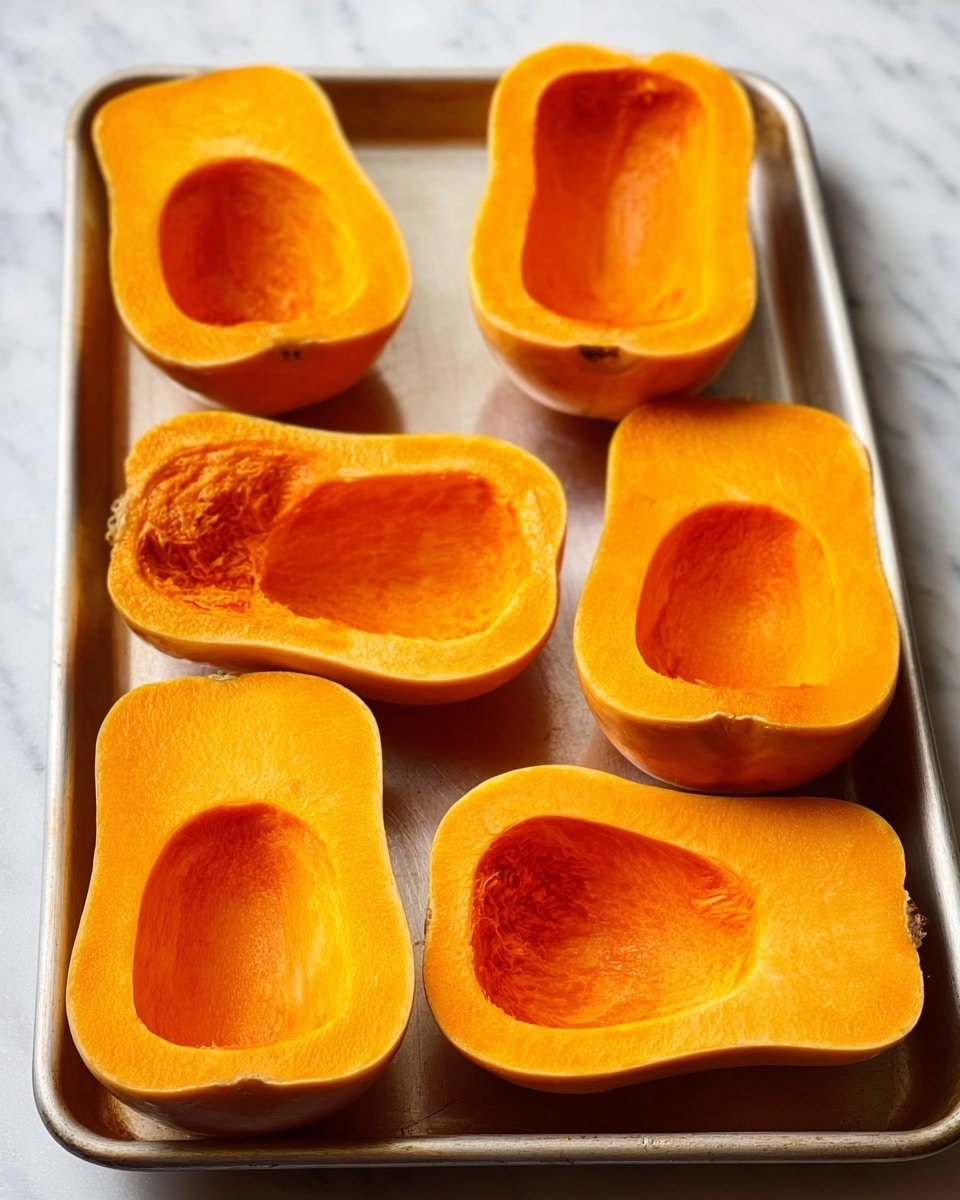 Six orange butternut squash halves are placed on a silver baking tray on a white marbled surface. Each squash half is hollowed out with a smooth, rounded inner cavity and a firm outer layer showing detailed textures and slight grooves. The squash bottoms are rounded, and the sides show a soft matte finish. The baking tray has clean edges and reflects slight light, contrasting with the warm orange of the squash. photo taken with an iphone --ar 4:5 --v 7