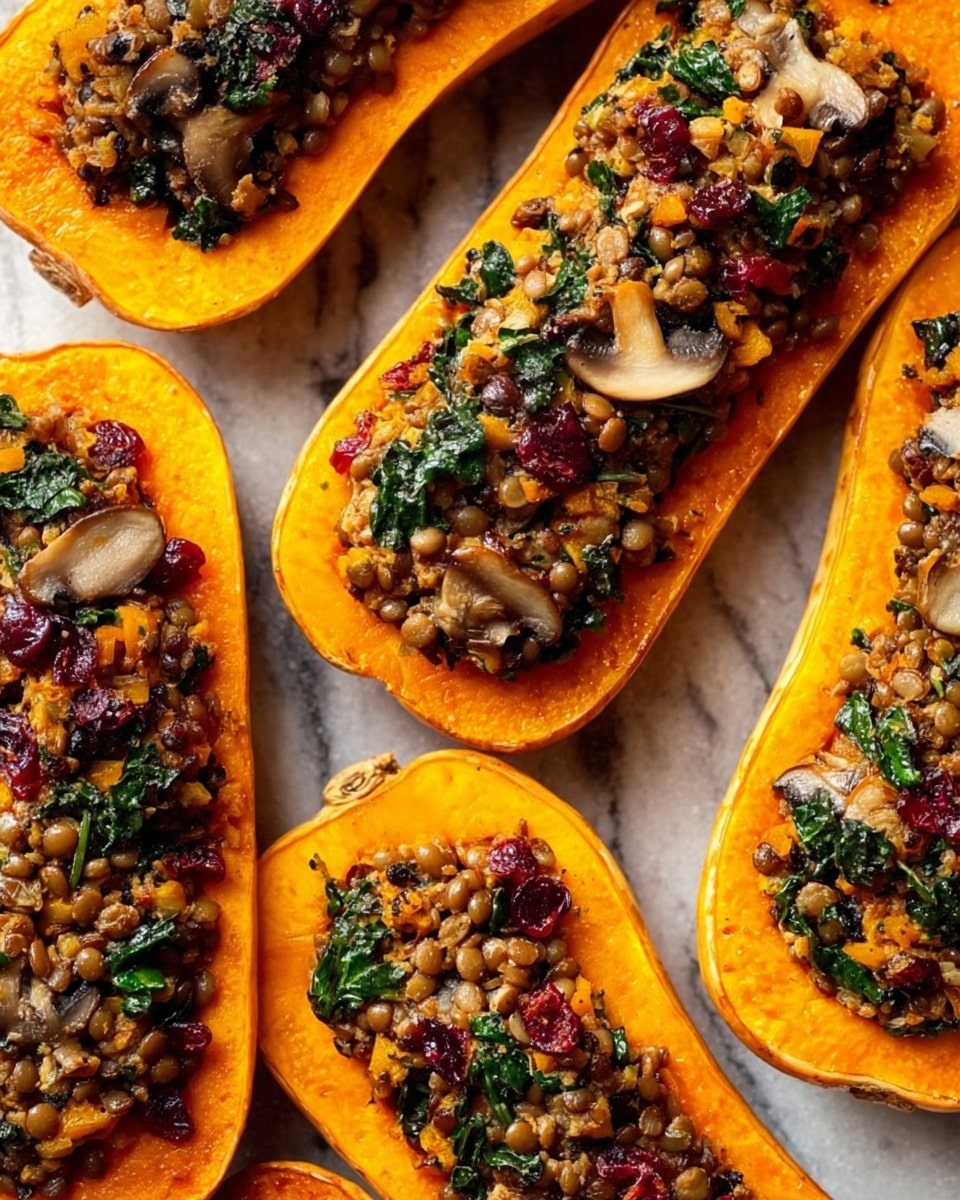 The image shows six halves of bright orange butternut squash, each hollowed out and filled with a dense stuffing. The stuffing is a mix of light brown beans or lentils, small pieces of dark green leafy vegetables, chopped mushrooms with a soft grey-brown color, and scattered bits of dried red berries. The texture looks chunky and moist. The squash halves are arranged closely together on a white marbled surface, filling the frame with their warm colors and textured filling. photo taken with an iphone --ar 4:5 --v 7