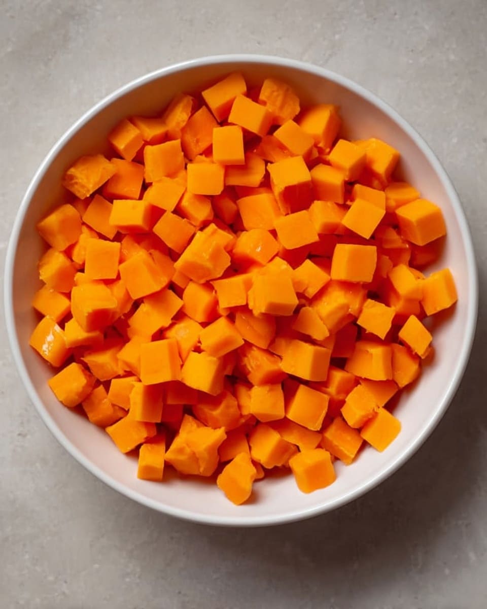 A white bowl filled with many small cubes of bright orange pieces, evenly spread across the bowl. The bowl sits on a white marbled surface, and the orange cubes have smooth edges and a slightly shiny texture. Photo taken with an iphone --ar 4:5 --v 7