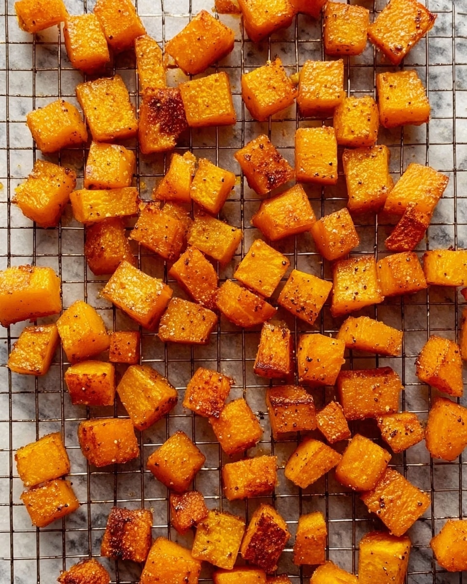 The image shows many small, golden-orange cubes of roasted butternut squash spread evenly on a wire cooling rack. Each cube has a slightly crispy outer texture with visible roasting marks and a soft, tender inside. The wire rack has a silver metal grid pattern, and beneath it is a white marbled surface. The cubes vary slightly in size and shape, with some glistening from a light coating of oil or seasoning photo taken with an iphone --ar 4:5 --v 7
