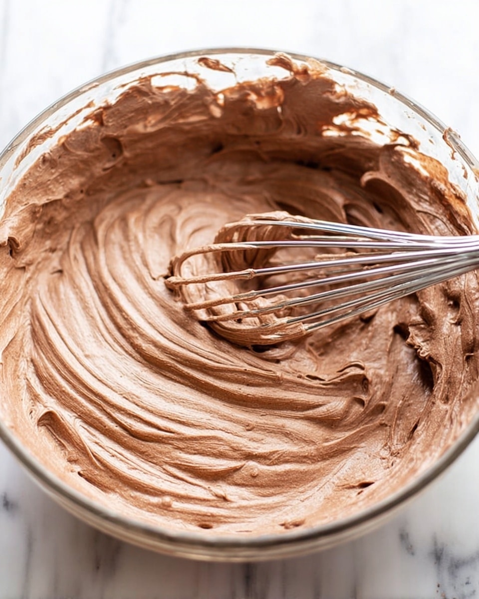 A clear glass bowl filled with thick, smooth chocolate mousse being mixed with a silver metal whisk, creating visible ridges and swirls in the light brown creamy texture; the mousse fills the bowl almost to the top, with some of it clinging to the sides of the bowl; the bowl is placed on a white marbled surface. photo taken with an iphone --ar 4:5 --v 7
