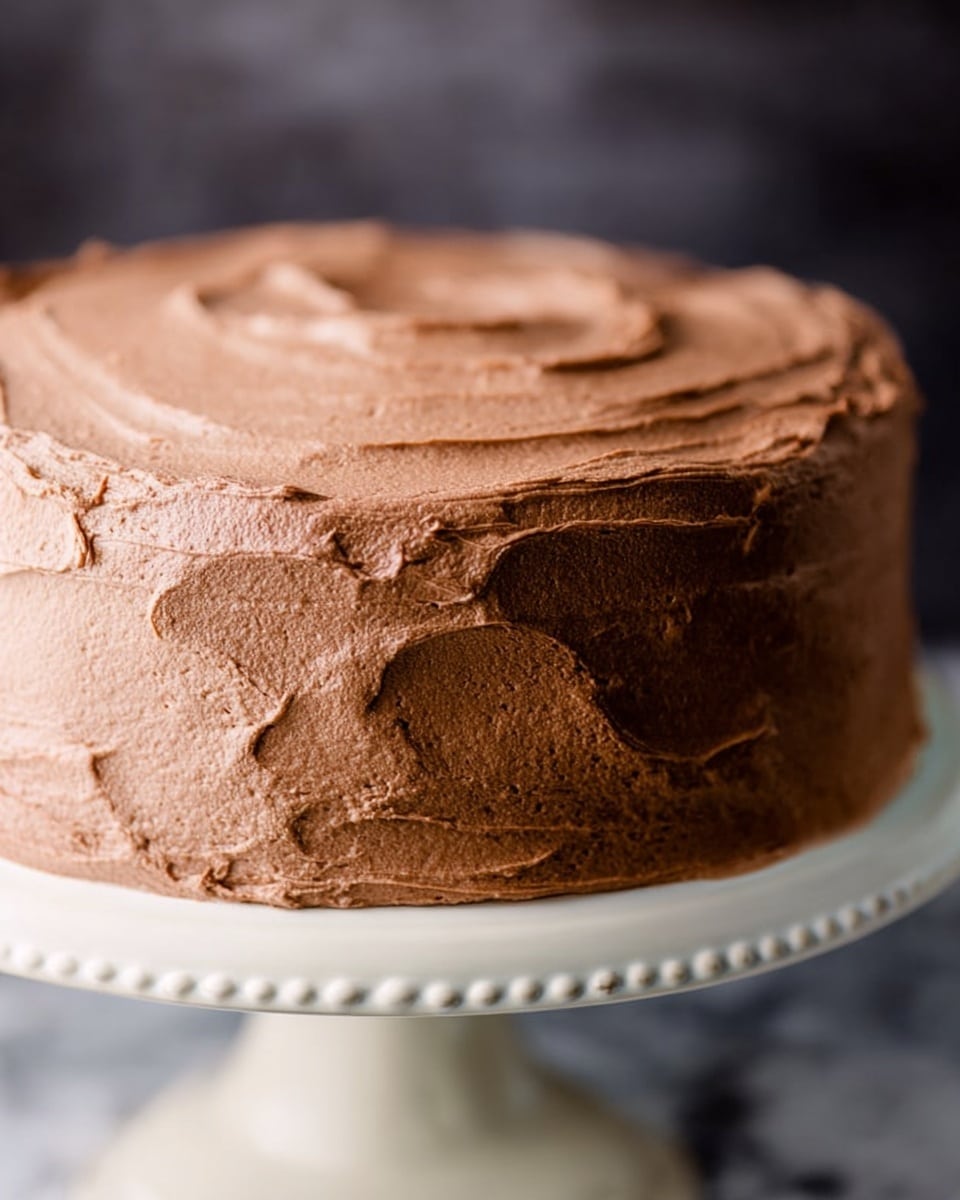 A two-layer round cake covered fully with smooth, light brown chocolate frosting that has soft swirls and slight texture from spreading. The cake sits on a white ceramic cake stand with small round details around the edge. The background is blurred and dark, making the cake the main focus, with the whole scene placed on a white marbled surface. photo taken with an iphone --ar 4:5 --v 7