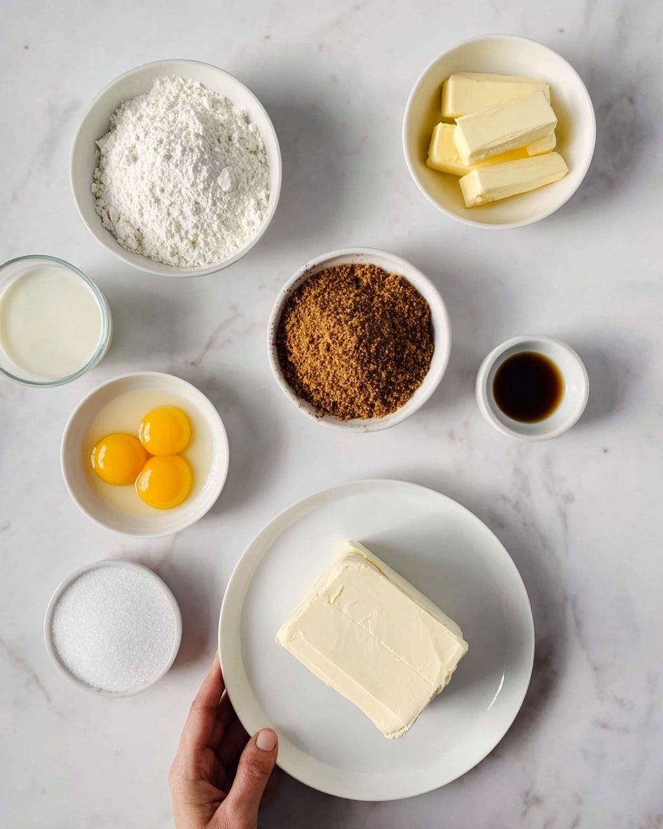 The image shows six white bowls placed on a white marbled surface arranged loosely in a circle. In the center, there is a white plate with two rectangular blocks of cream cheese stacked. Starting from the top and moving clockwise, the first white bowl contains light yellow sticks of butter. Next, a bowl is filled with a thick layer of finely crushed brown graham cracker crumbs. Another bowl contains three bright yellow egg yolks. Below it to the left, there is a glass of white creamy liquid. Near the bottom left, a small white bowl filled with white granulated sugar is placed. Slightly above the sugar, a tiny white bowl holds a small amount of dark brown vanilla extract. A woman’s hand is holding the plate in the center. The scene is well lit with soft natural light, showing textures clearly. photo taken with an iphone --ar 4:5 --v 7