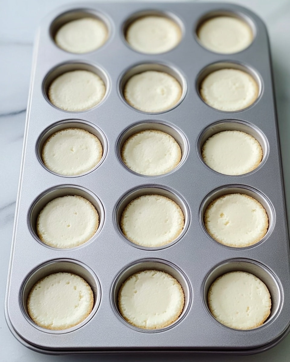 A gray metal muffin pan holds twelve small round cheesecakes, each in its own cup. The cheesecakes have a smooth white topping layer with a slightly golden crust layer underneath, clearly pressed at the edges inside each muffin cup. The pan is placed on a white marbled surface, giving a clean and bright background. The cheesecakes look fresh and neatly filled, ready for baking or cooling. photo taken with an iphone --ar 4:5 --v 7