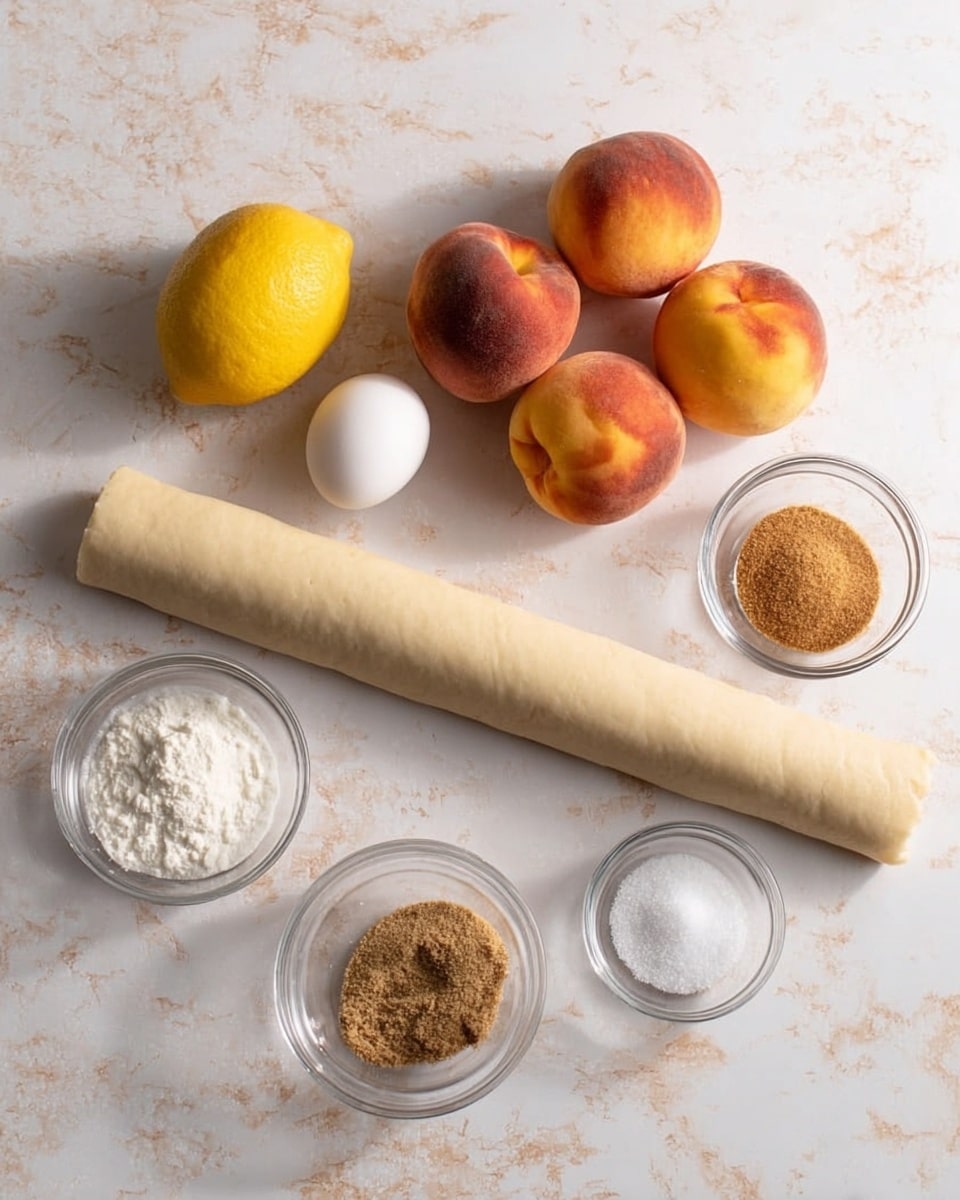 The image shows cooking ingredients on a white marbled surface: three peaches grouped together at the top right, a whole lemon to the left, a single white egg slightly below the peaches, and a long rolled sheet of dough horizontally placed below the peaches and lemon. There are five small clear glass bowls arranged around the main items: one with white powder near the lemon, one with light brown sugar on the right side of the dough, one with coarse brown sugar below the lemon, one with a small amount of salt next to the sugar bowl on the right, and one with ground spice next to the salt. photo taken with an iphone --ar 4:5 --v 7