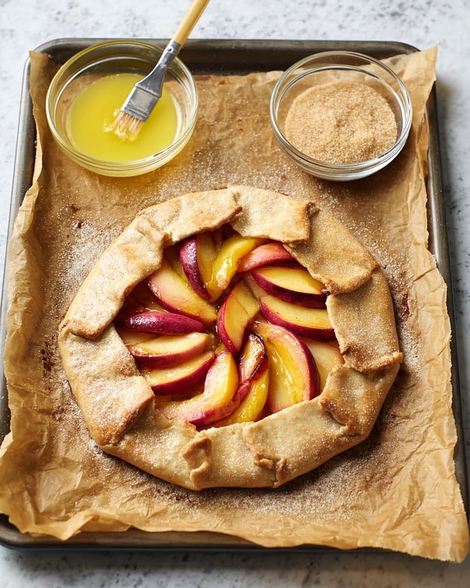 A rustic round galette sits on a baking tray lined with brown parchment paper, with a crust folded up around the edges forming one layer of light golden dough with a slightly rough texture. Inside, the filling shows two layers of sliced peaches, arranged in a circle with shades of red and yellow, their smooth and shiny skin visible. At the top left corner of the tray, there is a clear small bowl with a yellow liquid and a small brush resting on it, and at the top right, another clear bowl is filled with light brown sugar grains. The whole scene is set on a white marbled surface. Photo taken with an iphone --ar 4:5 --v 7