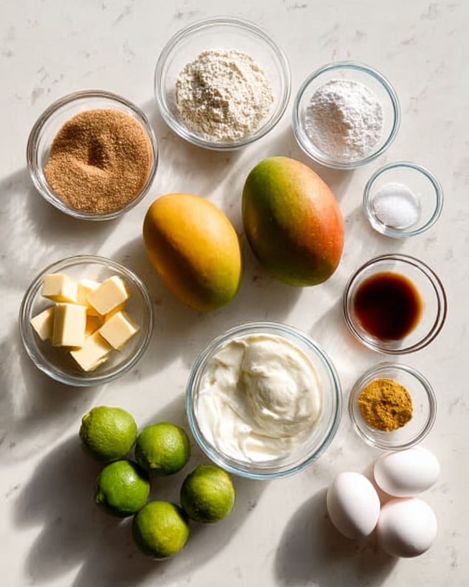 The image shows various cooking ingredients arranged neatly on a white marbled surface. There are two whole ripe mangoes with a gradient of yellow, orange, and green skin placed in the center. Surrounding them are small transparent glass bowls filled with different ingredients: one with light brown sugar, another with white flour, a small bowl of white granulated sugar, a bowl with a few slices of pale yellow butter, and another bowl containing white yogurt that has a creamy texture. Three small green limes sit near the bottom left. There is a small bowl with a golden brown powder, likely ground ginger, and a tiny bowl with vanilla extract showing a dark brown liquid. Two whole white eggs rest in a glass bowl on the right. Three small white bowls with different types of salts or powders are placed near the top. The whole setup is bright with soft natural light, casting gentle shadows. Photo taken with an iphone --ar 4:5 --v 7
