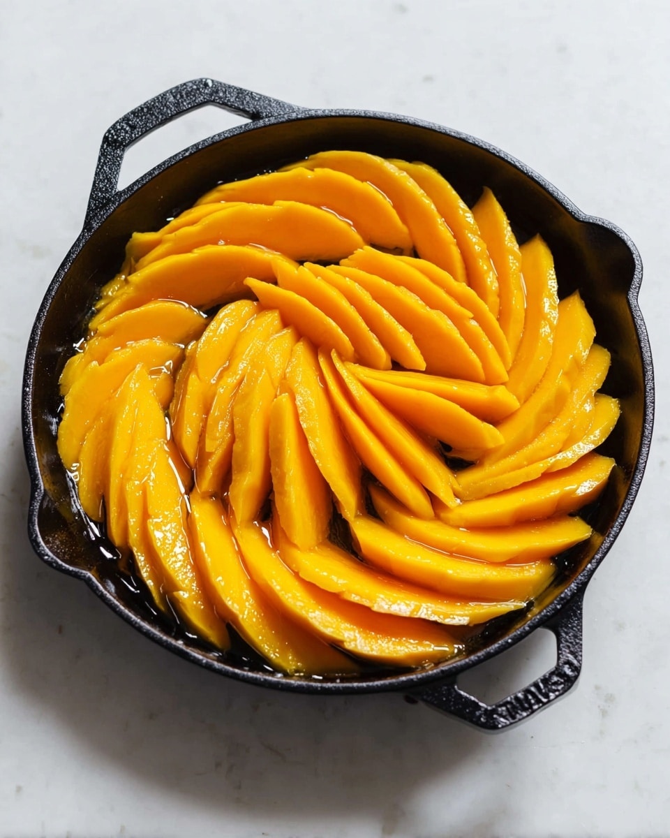 A black cast iron pan sits on a white marbled surface, filled with a neatly arranged spiral of bright orange mango slices. The mango pieces are thin, smooth, and glossy, layered closely together in overlapping circles from the edge of the pan toward the center. The pan has a handle on one side and a short handle loop on the opposite side. The background is plain with soft lighting highlighting the juicy texture of the mango slices photo taken with an iphone --ar 4:5 --v 7