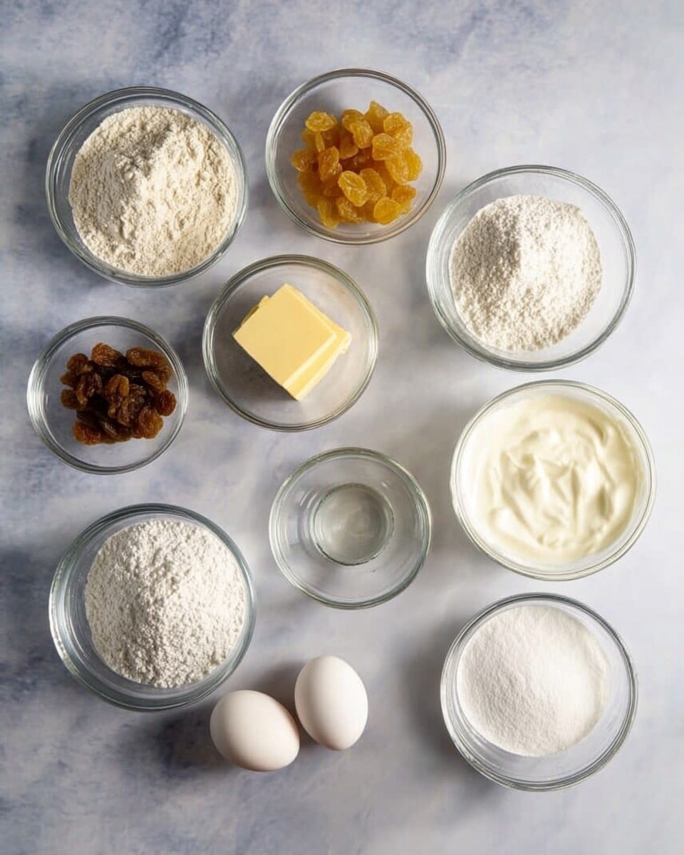 Nine small clear glass bowls and two white eggs are arranged on a white marbled surface. The bowls contain white flour with a fine texture, white granulated sugar, two square pieces of pale yellow butter, dried golden raisins, a clear liquid, a white powdery ingredient, thick creamy white sour cream, and light white milk. The two white eggs lie side by side near the center, not inside any bowl. The overall setup is neat and evenly spaced, showing each ingredient clearly. Photo taken with an iphone --ar 4:5 --v 7