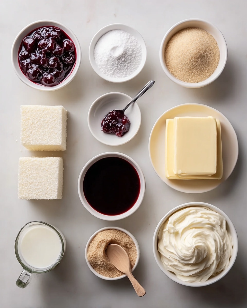 The image shows an overhead view of carefully arranged baking ingredients on a smooth white marbled surface. There are eleven containers and pieces in total: starting from the top left, a white bowl filled with dark red cherry jam showing shiny chunks, a white bowl with fine white powder, and a white bowl with light brown sugar crystals. Below these, two fluffy white cake cubes stacked vertically next to a small white bowl with white powder and a spoon inside, a small white bowl with a dollop of darker red jam, and a white bowl filled with dark red liquid. Below this row, a clear glass mug with white milk, two rectangular blocks of pale yellow butter placed one above the other spaced apart, a small wooden spoon filled with light brown sugar, and a white bowl filled with thick, creamy white frosting. The shapes, colors, and textures of all ingredients create a clean and organized visual. Photo taken with an iphone --ar 4:5 --v 7