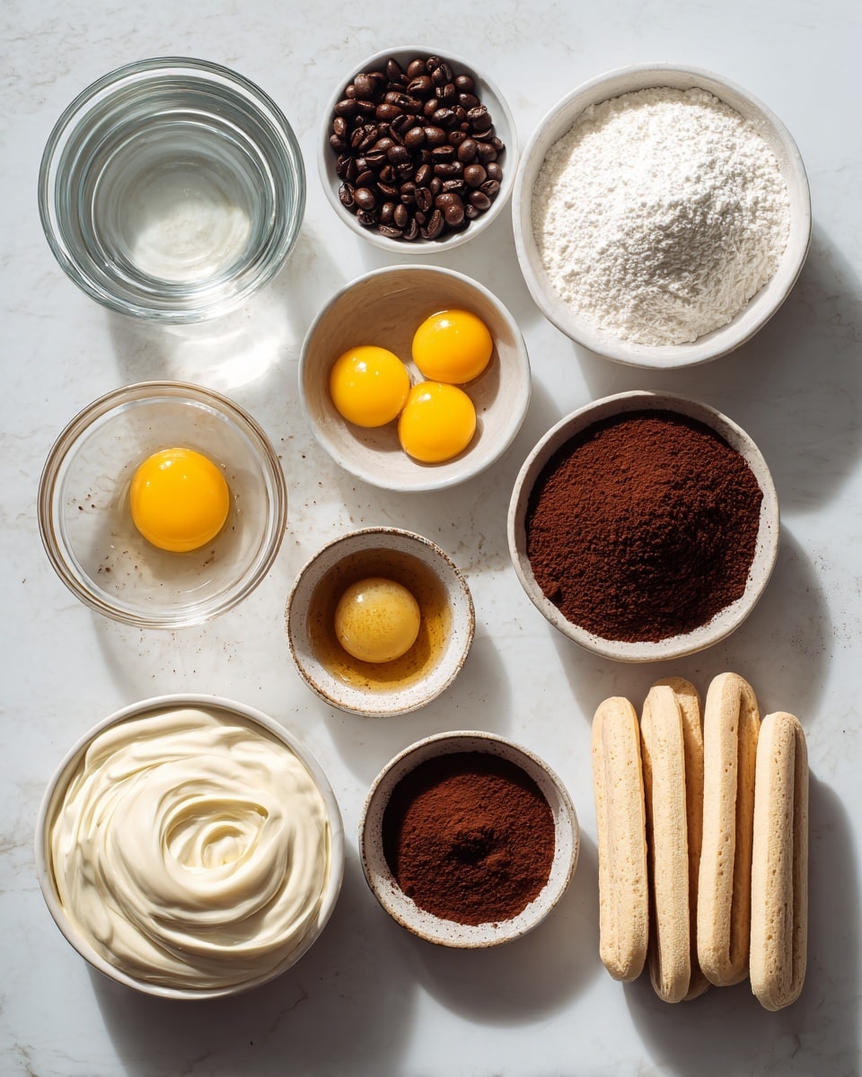 The image shows eleven different ingredients arranged neatly on a white marbled surface. In the top row, from left to right, there is a clear glass bowl of water with a smooth surface, a white bowl filled with shiny dark brown coffee beans, and a larger white bowl filled with white powdered sugar with a slightly rough texture. In the next row, there is a white bowl containing four yellow egg yolks sitting in clear egg white, next to a small clear glass bowl holding one bright yellow egg yolk. Below that, a small glass bowl with a light golden liquid sits beside a white bowl filled with fine, dark brown cocoa powder forming a small mound. Below these, a white bowl has thick, smooth white cream with swirls, next to a tiny clear glass bowl holding a small amount of dark brown powder. In the bottom right corner, there is a rustic white bowl filled with finer dark brown powder and next to it, a stack of seven light beige ladyfinger biscuits with a smooth texture. The ingredients are well-lit with natural light, shadows appear softly around each bowl, photo taken with an iphone --ar 4:5 --v 7