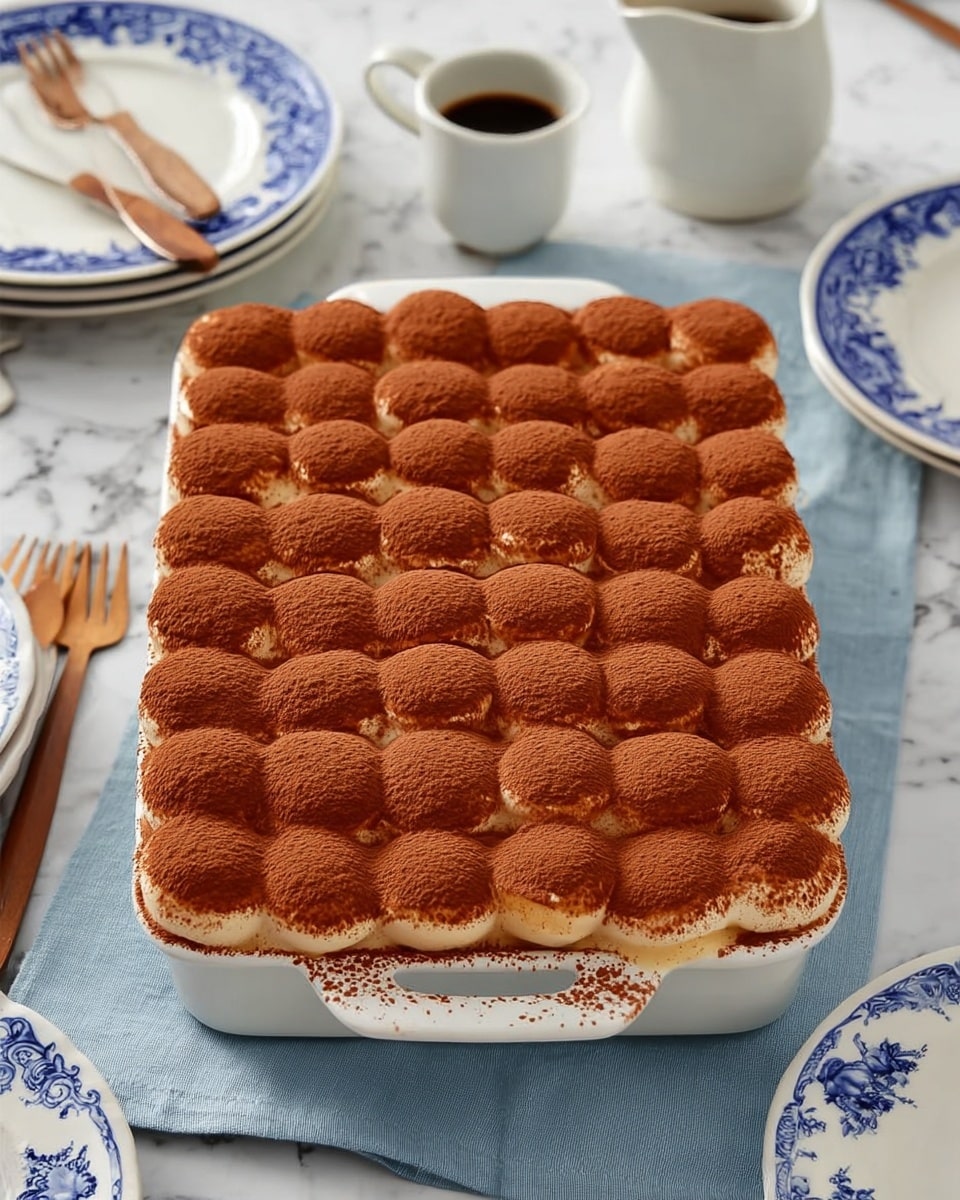 A rectangular white ceramic dish holds a dessert made of multiple small, round dollops of creamy filling arranged in a neat grid. Each dollop is topped with a fine layer of reddish-brown cocoa powder, giving the surface a soft, velvety texture with a warm color. The dessert shows light creamy tones beneath the cocoa dusting in some places, highlighting the layered texture. The dish is set on a white marbled surface with a light blue cloth nearby, and there are elegant white plates with blue floral patterns and wooden forks in the background, along with a small white pitcher and a cup of coffee. photo taken with an iphone --ar 4:5 --v 7