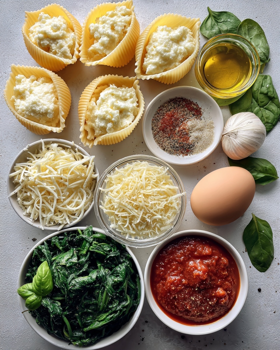 The image shows seven stuffed pasta shells arranged in a loose group on a white marbled surface, each shell a pale yellow color with a smooth texture and slightly crimped edges filled with a creamy white mixture. To the top right, there are three fresh green spinach leaves with a smooth, slightly glossy texture. Below the shells, there are five small white bowls with different contents: one contains dark green spinach topped with white shredded cheese, another holds bright red chunky tomato sauce, and a third has finely shredded white cheese piled high. Around the bowls are additional ingredients placed directly on the surface, such as a whole white egg, a raw egg yolk in a small clear glass bowl, a bulb of garlic, a bright green basil leaf, and a small clear bowl with olive oil and red chili flakes. The whole arrangement is neat and brightly lit, with a clean and fresh look. Photo taken with an iphone --ar 4:5 --v 7