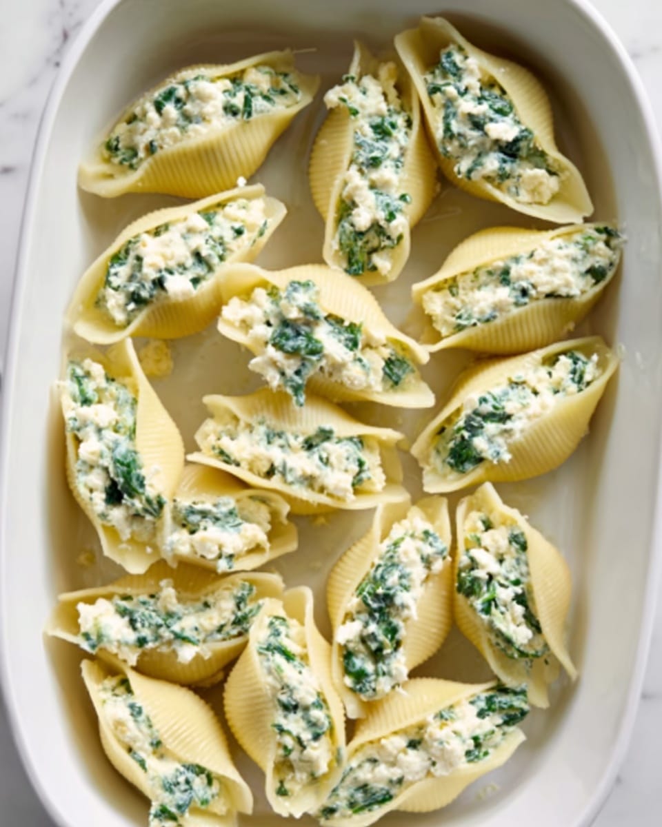 The image shows a white baking dish filled with large pasta shells stuffed with a creamy mix of white cheese and chopped green spinach. The shells are a pale yellow and arranged in rows, each shell open to clearly show the filling. The cheese mixture looks soft and crumbly with visible spinach pieces evenly spread inside each shell. The baking dish sits on a white marbled surface, and the overall scene is clean and bright. photo taken with an iphone --ar 4:5 --v 7