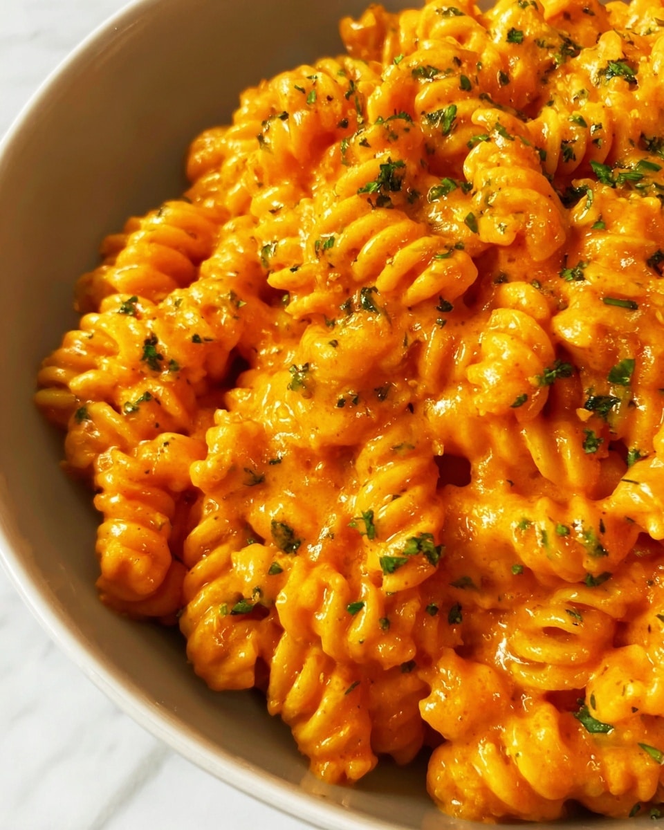 A close-up view of a white bowl filled with bright orange creamy pasta made of short spiral noodles coated evenly in sauce. Small pieces of herbs like parsley are sprinkled on top, adding green color spots contrasting with the orange pasta. The texture of the sauce looks smooth and thick, clinging to each noodle tightly. The bowl is placed on a white marbled surface that adds a light, clean background to the warm colors of the pasta. photo taken with an iphone --ar 4:5 --v 7