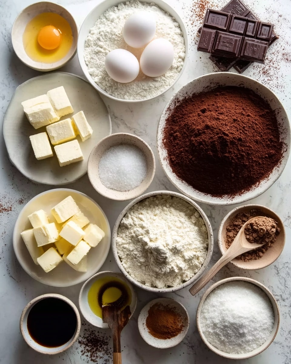The image shows an overhead view of multiple white bowls and plates arranged on a white marbled surface, each holding different baking ingredients. There are three raw eggs in a white bowl with two eggs lying loose nearby, a bowl filled with white flour, and another with cocoa powder. One white plate holds square pieces of butter, while another has white granulated sugar. A bowl contains a dark liquid, possibly vanilla extract, and there is a large white bowl filled with a mix of dry ingredients including more flour and cocoa powder. A wooden spoon with chocolate powder on it rests on the surface, and pieces of a dark chocolate bar are placed next to the flour bowl. A small bowl of melted yellow butter and a small bowl of cinnamon powder are also visible. The overall scene is bright, clean, and organized to show the raw ingredients for baking. Photo taken with an iphone --ar 4:5 --v 7
