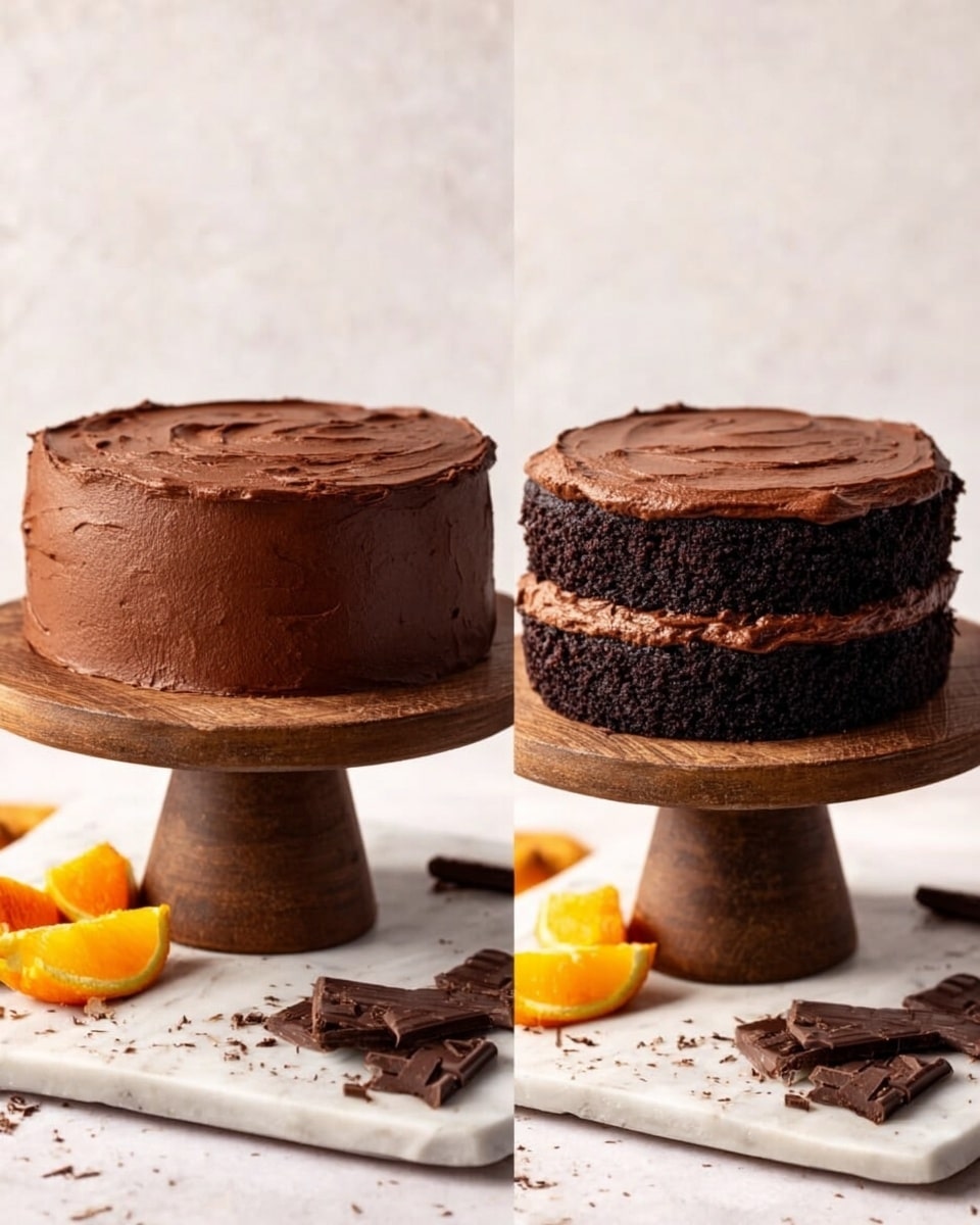 The image shows two views of a chocolate cake on a round wooden stand, placed on a white marbled surface. On the left, the bottom layer of the cake is covered with smooth chocolate frosting spread evenly on top. On the right side, the cake is assembled with two thick chocolate layers; the bottom layer has chocolate frosting, and the top layer is placed on it without frosting on the outside. Small pieces of chocolate and an orange slice are scattered on the white marbled surface around the stand. photo taken with an iphone --ar 4:5 --v 7